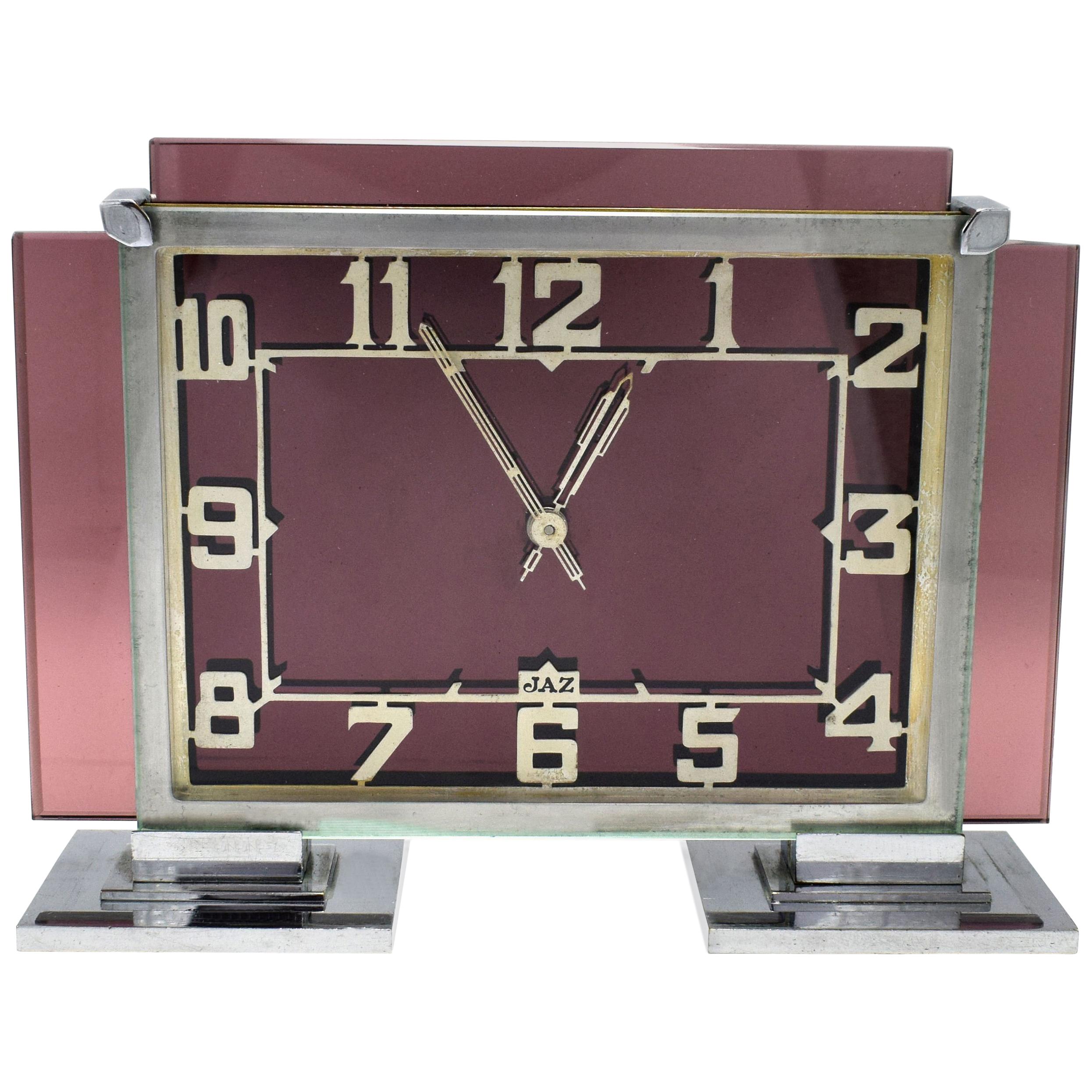 Rare 1930s Art Deco French Pink Glass Mantle Clock by Jaz