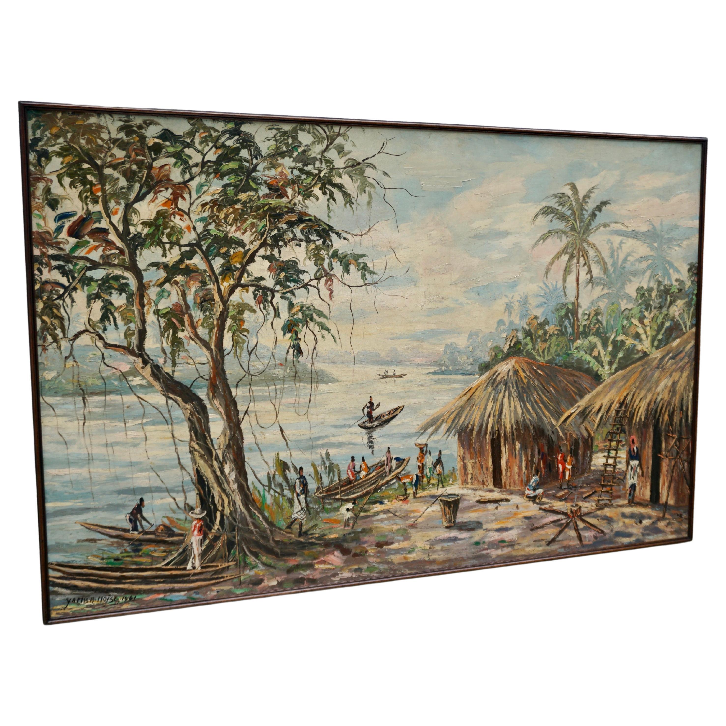 Settlement on the river with figures in boats between palm trees, oil on canvas. 117 x 77cm.
Signed Yamba Moise 1961.
Democratic Republic of the Congo.