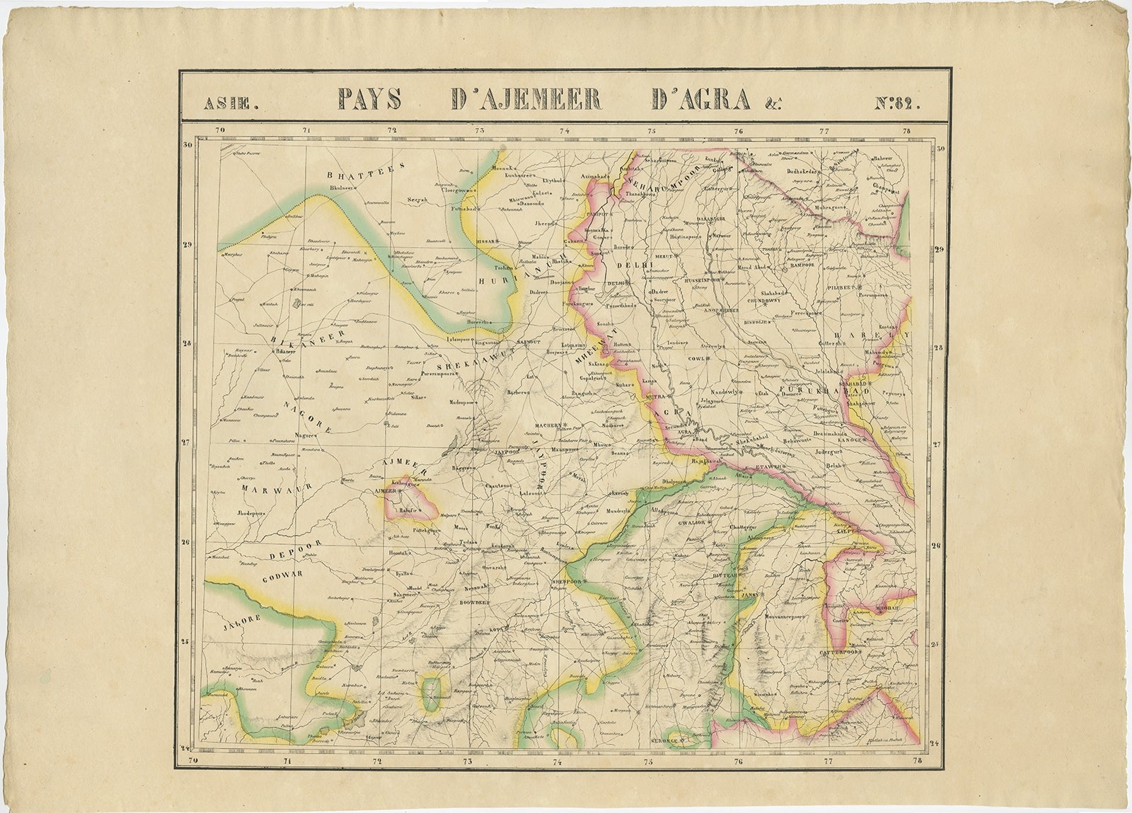 Antique map titled 'No. 82 Pays d'Ajemeer d'Agra'. Detailed map of Northern India. Originates from 'Atlas Universel' by P.M. Vandermaelen. 

Artists and Engravers: Philippe Marie Vandermaelen (1795-1869) was a Belgian cartographer and geographer