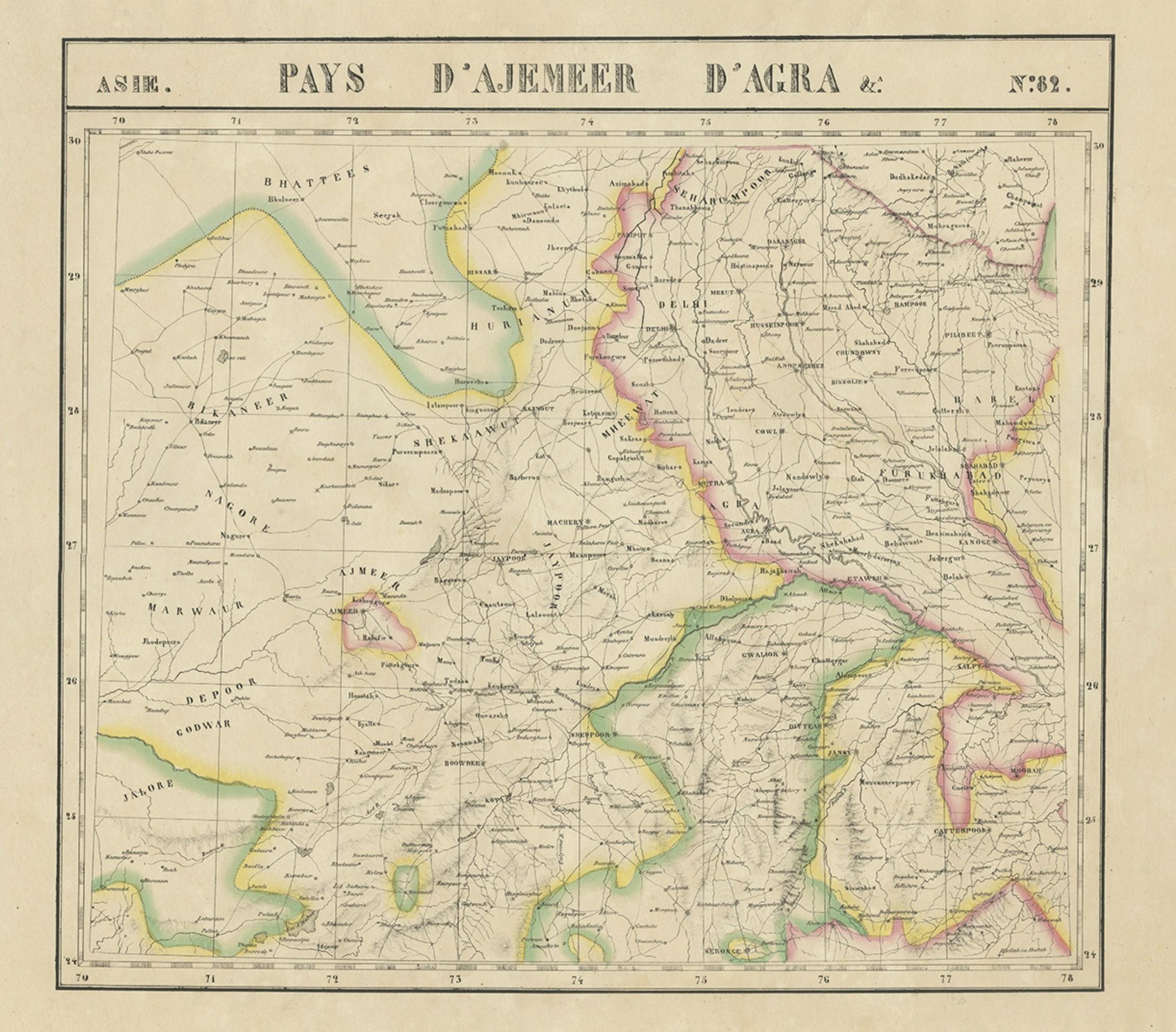 XIXe siècle Grande et rare carte ancienne de l'Inde du Nord dans sa couleur d'origine, vers 1825 en vente