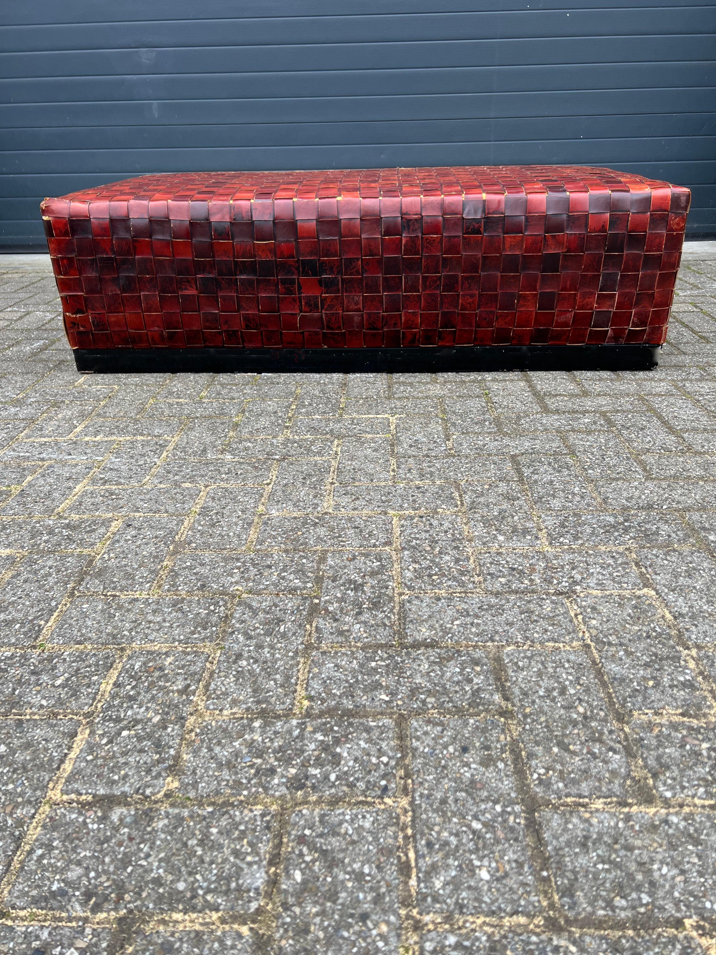 Large and Rare Double Rail Woven Leather Coffee Table or Ottoman Bench, 1990s For Sale 9