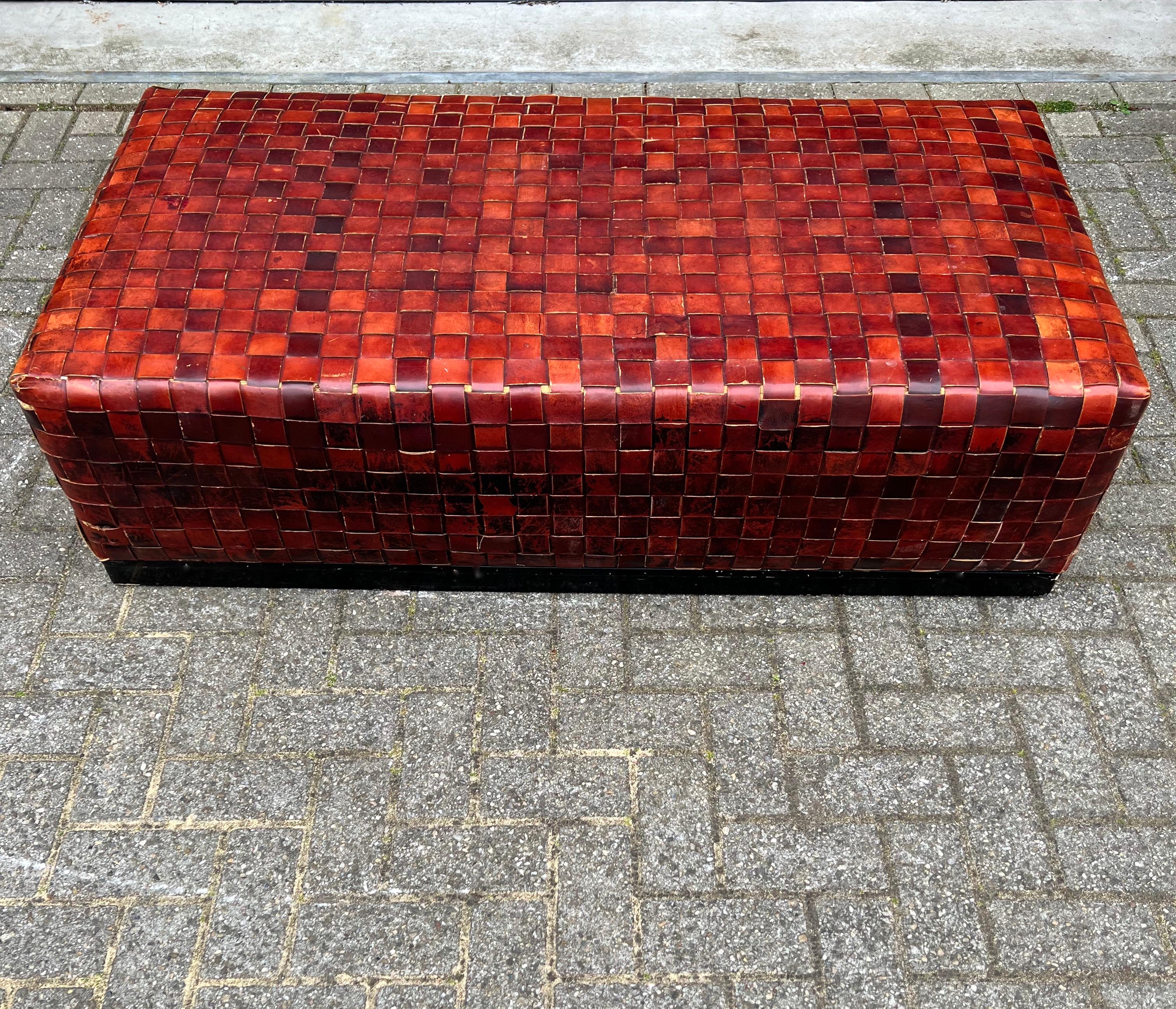 Large and Rare Double Rail Woven Leather Coffee Table or Ottoman Bench, 1990s For Sale 10