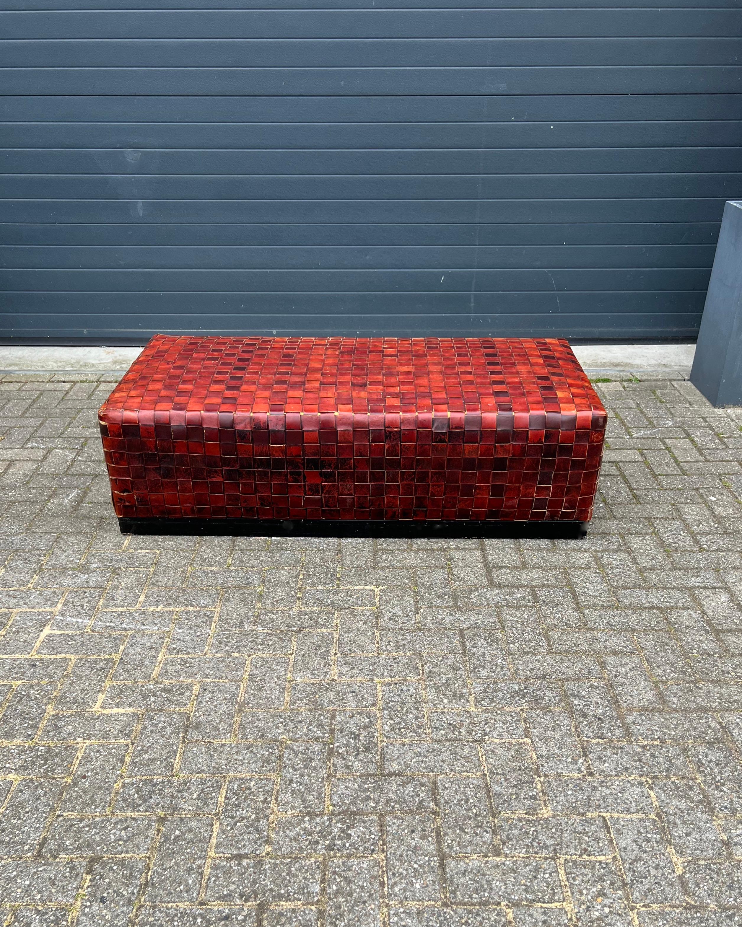 Large and Rare Double Rail Woven Leather Coffee Table or Ottoman Bench, 1990s For Sale 13