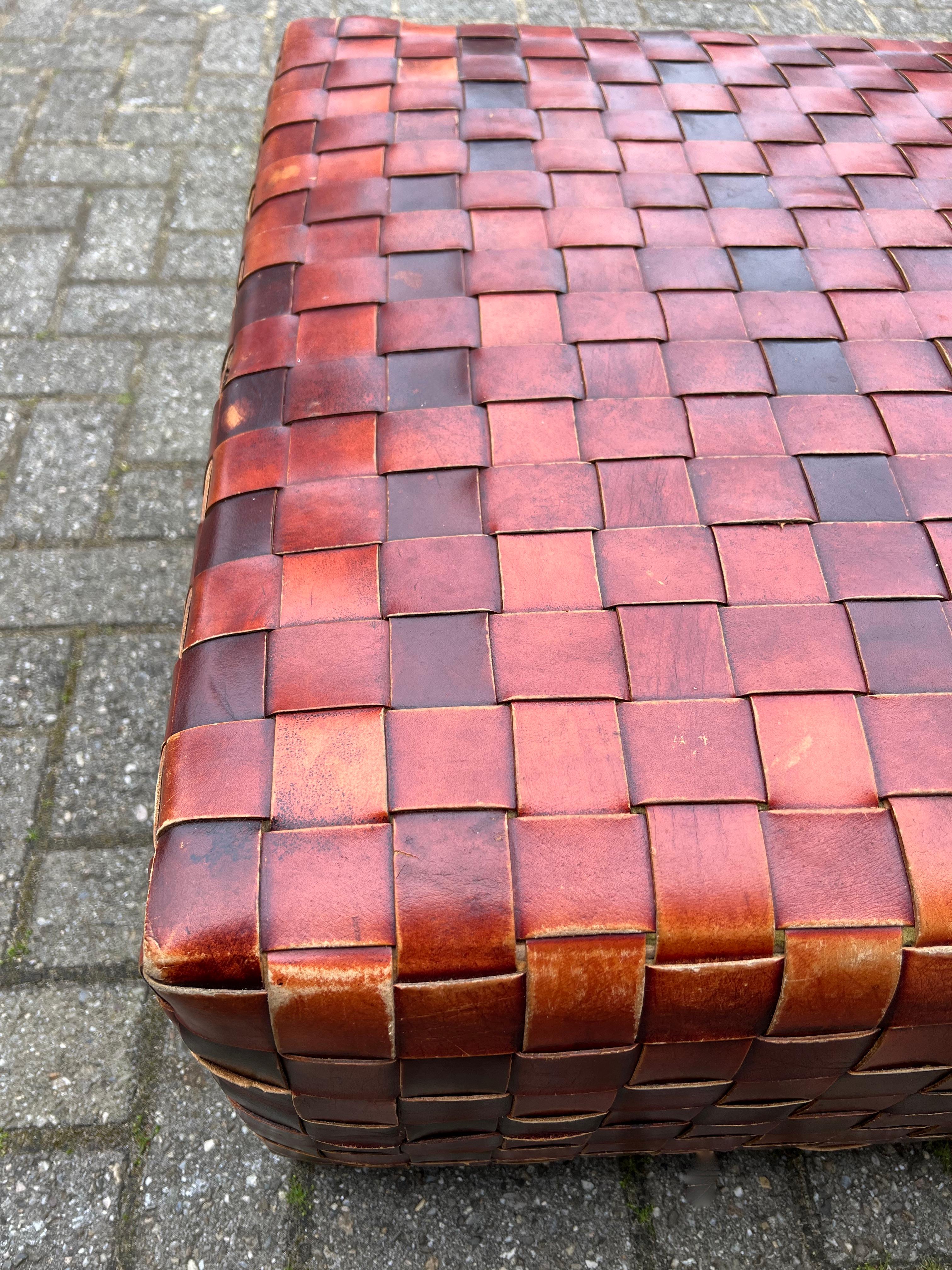 Dyed Large and Rare Double Rail Woven Leather Coffee Table or Ottoman Bench, 1990s For Sale