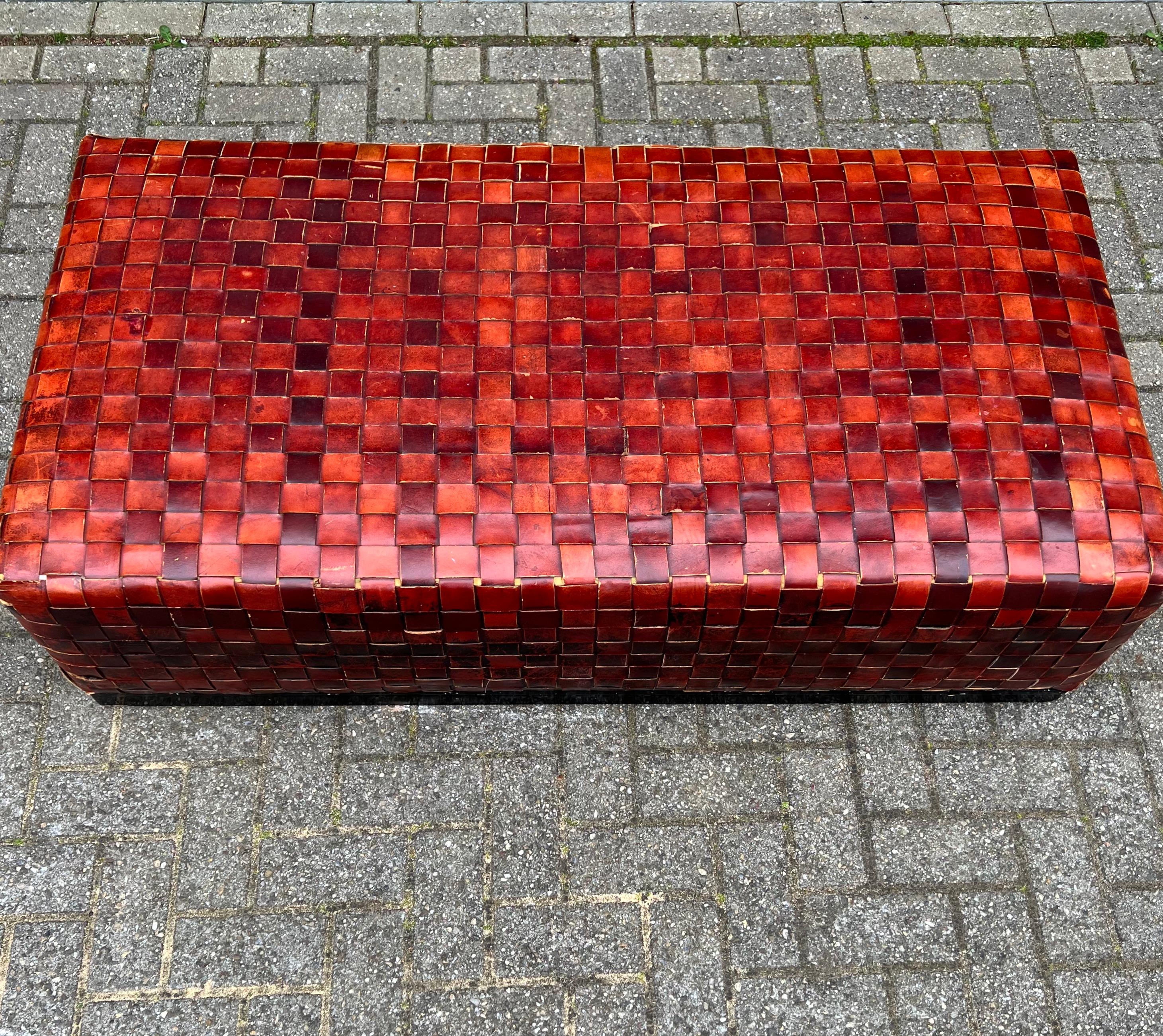 Large and Rare Double Rail Woven Leather Coffee Table or Ottoman Bench, 1990s For Sale 1