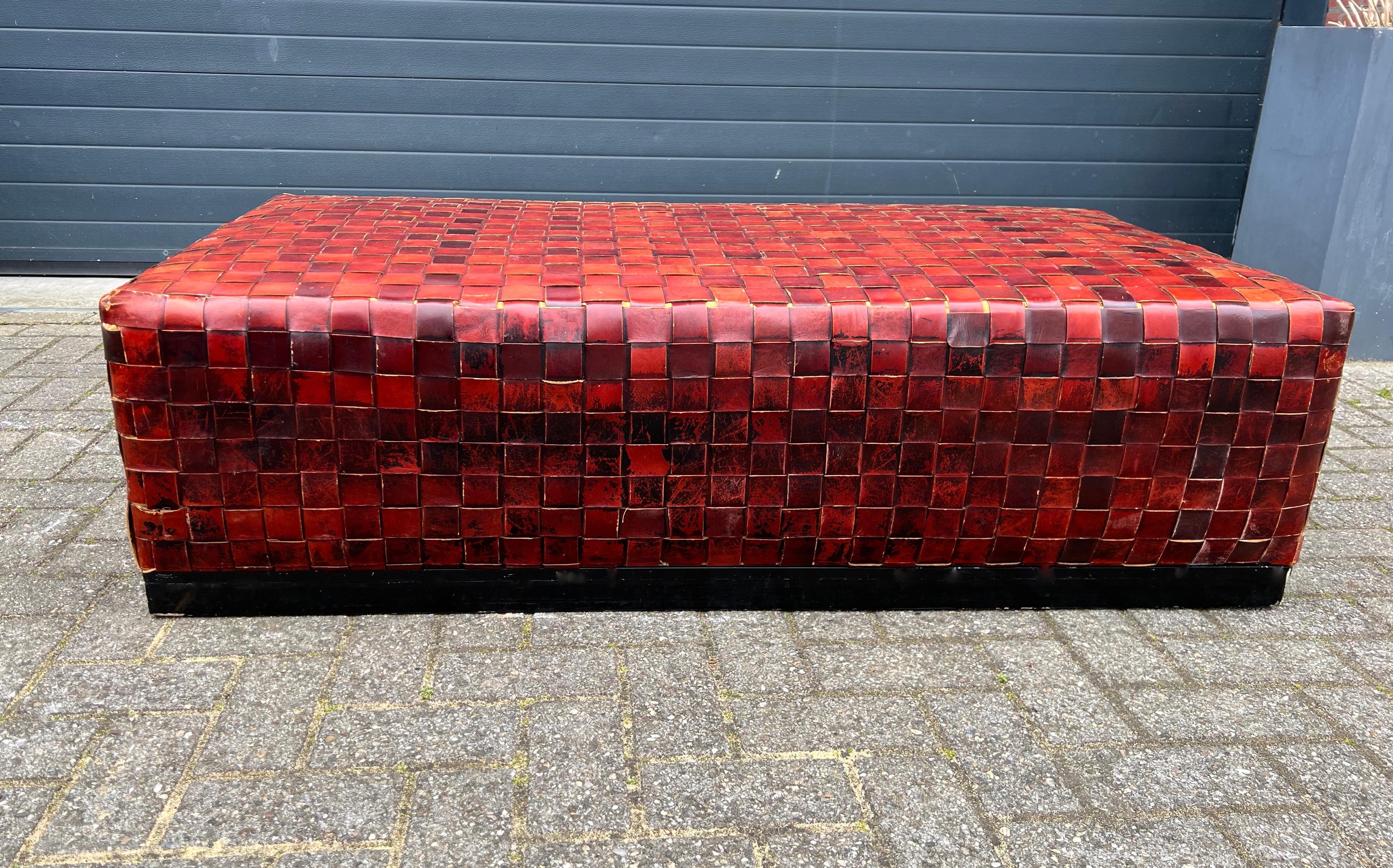 Large and Rare Double Rail Woven Leather Coffee Table or Ottoman Bench, 1990s For Sale 1