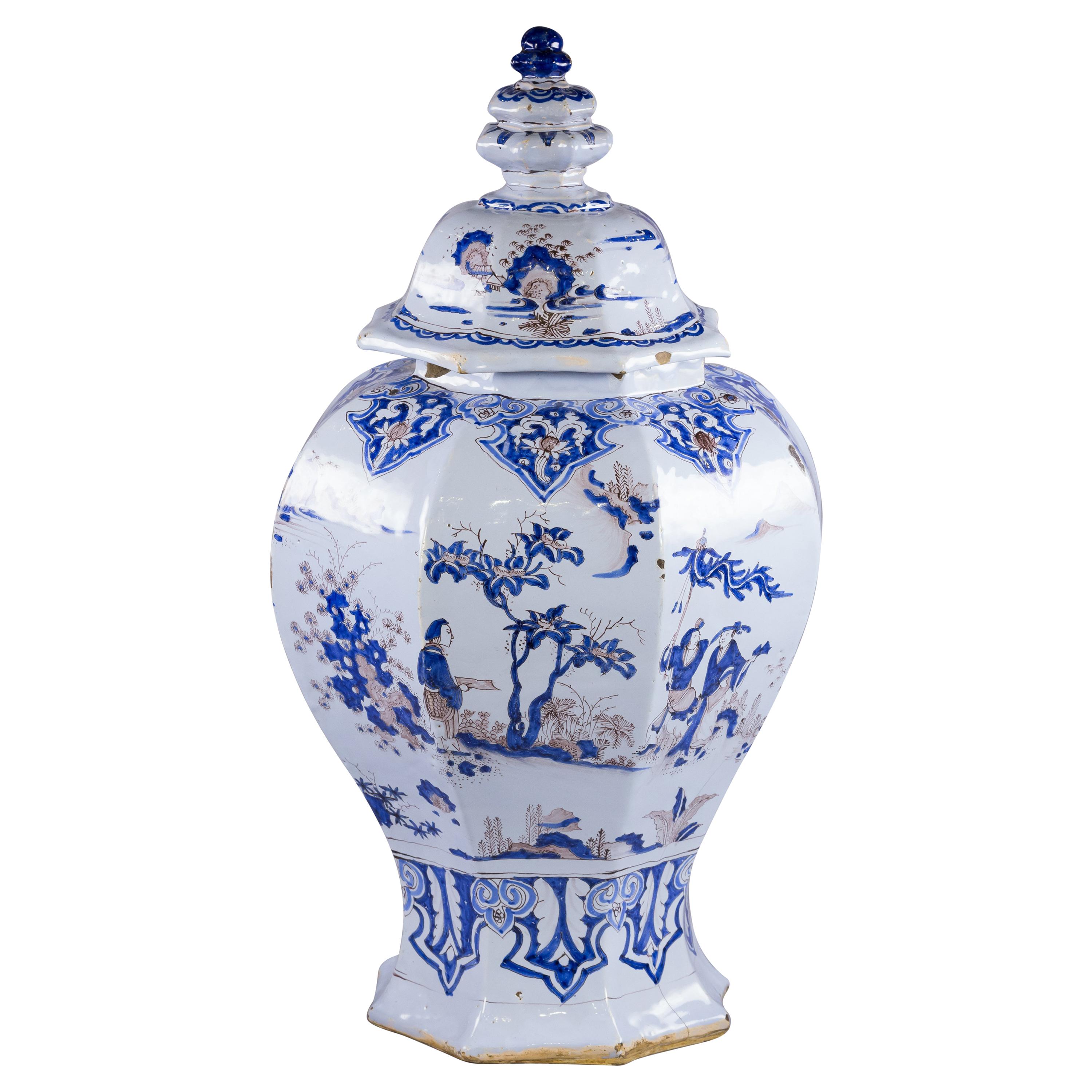 Large and Rare French Faience Chinoiserie Covered Temple Jar, Nevers, circa 1740 For Sale