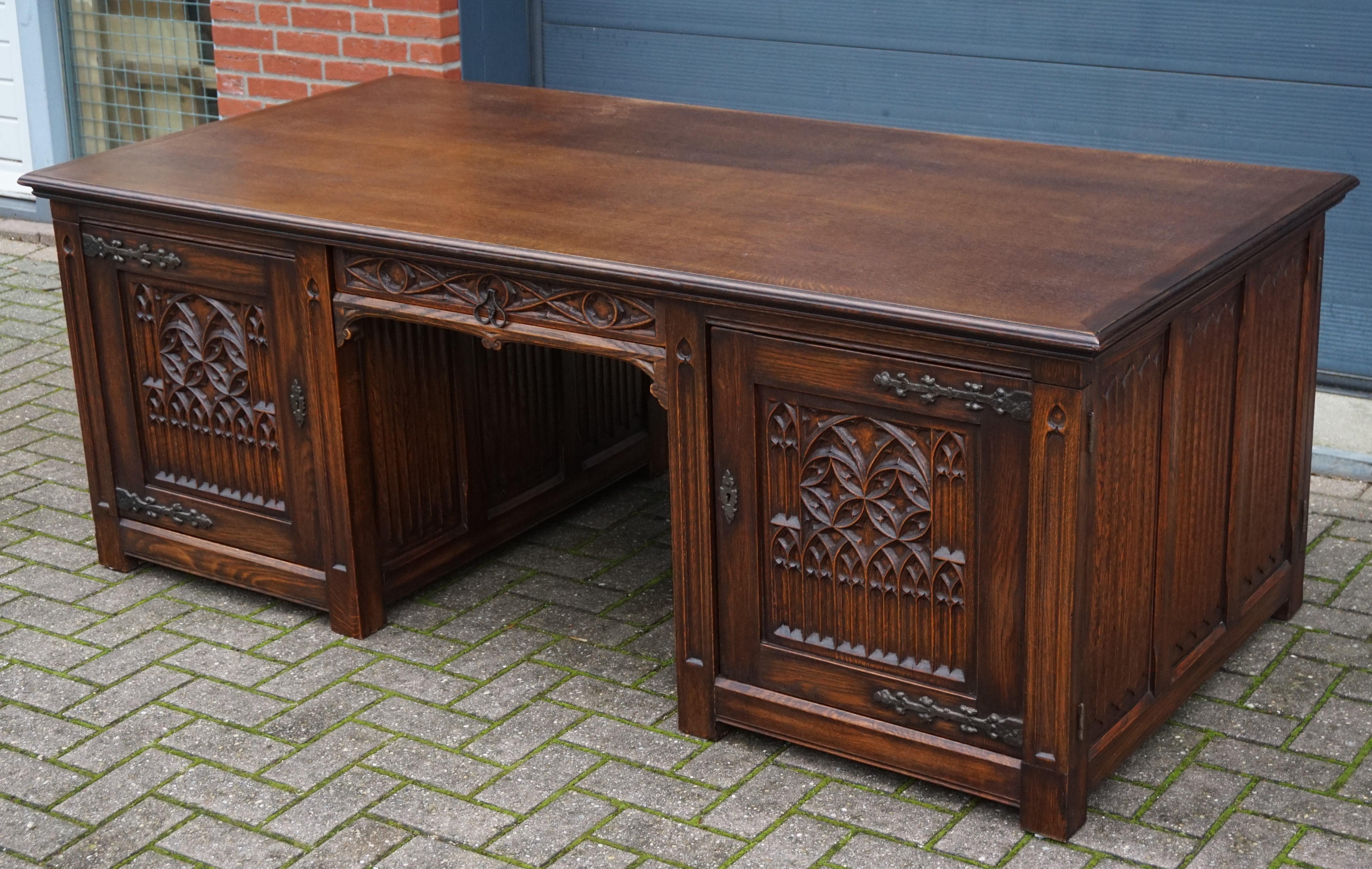 Iron Large and Rare, Hand Carved Antique Gothic Revival Oak Partners Desk, circa 1920