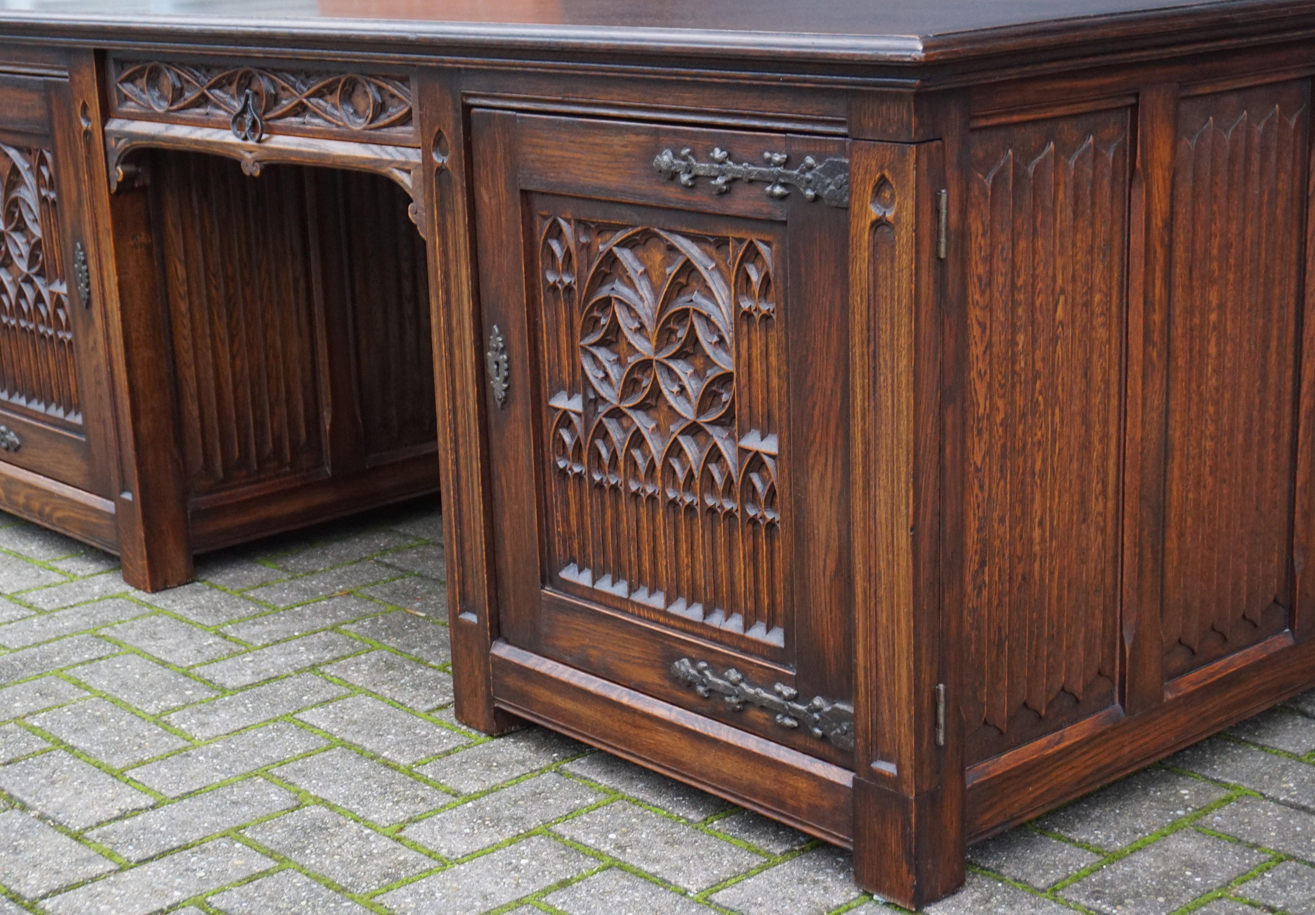 Large and Rare, Hand Carved Antique Gothic Revival Oak Partners Desk, circa 1920 1