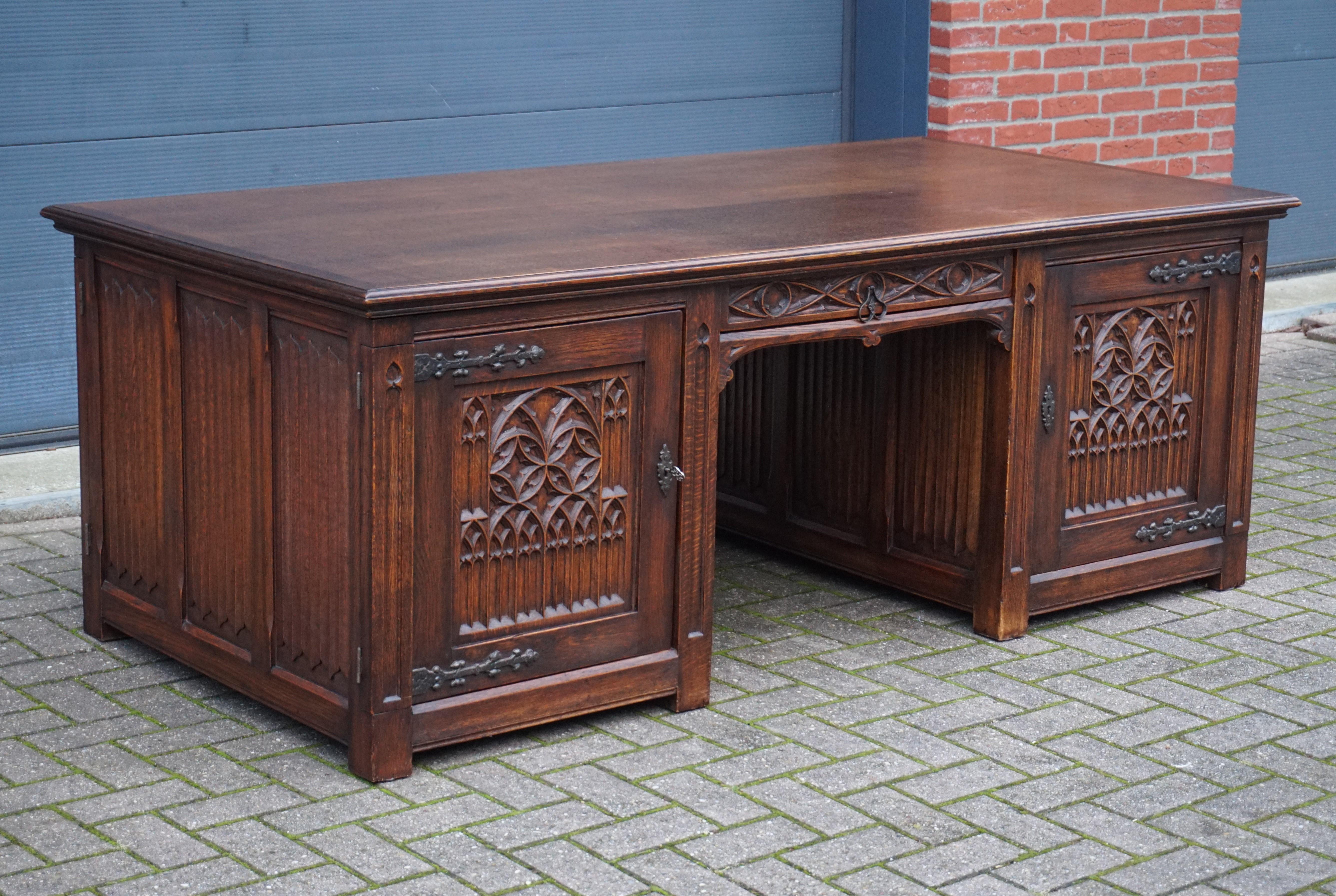 Large and Rare, Hand Carved Antique Gothic Revival Oak Partners Desk, circa 1920 4