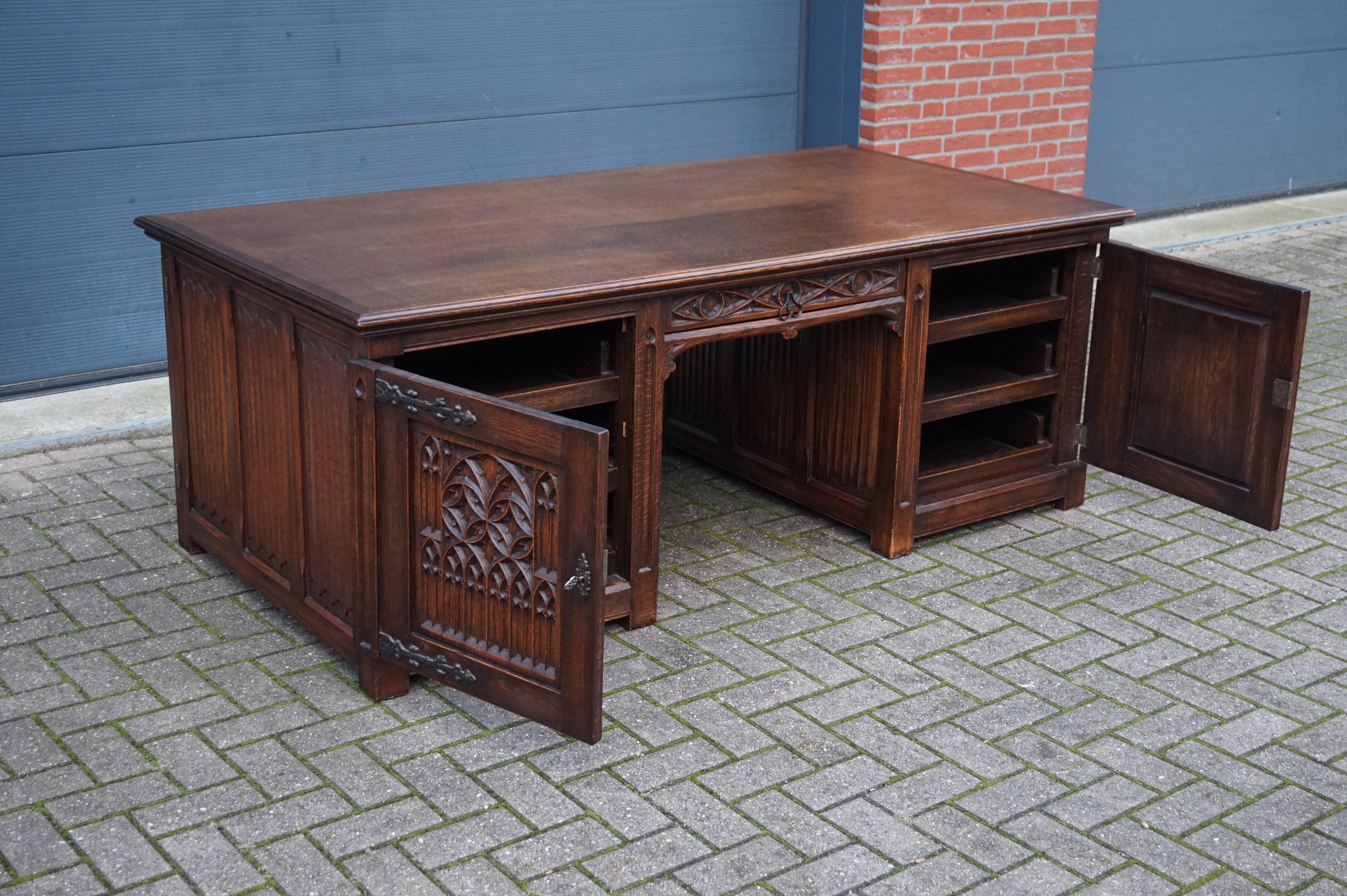 Large and Rare, Hand Carved Antique Gothic Revival Oak Partners Desk, circa 1920 8