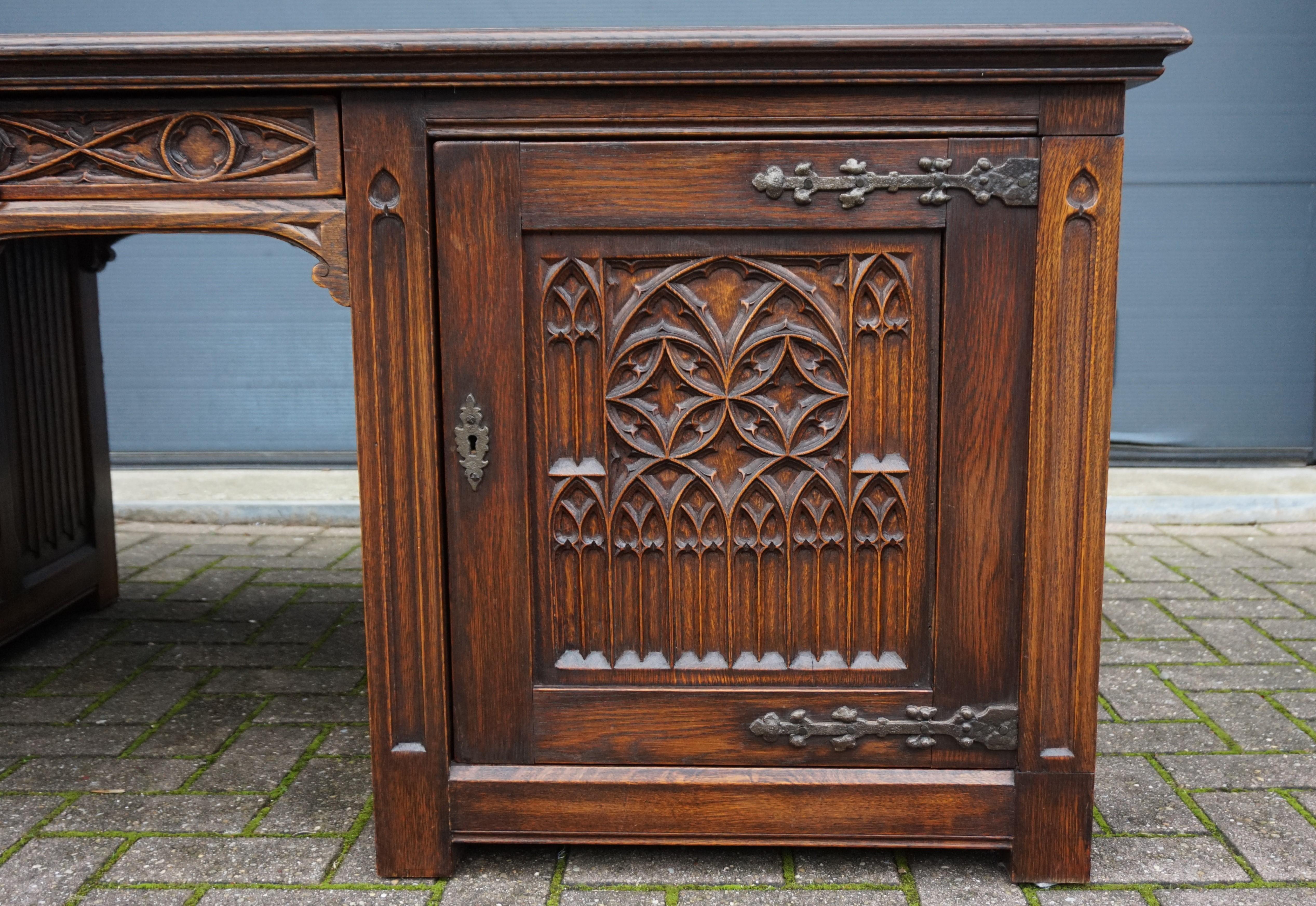 Dutch Large and Rare, Hand Carved Antique Gothic Revival Oak Partners Desk, circa 1920