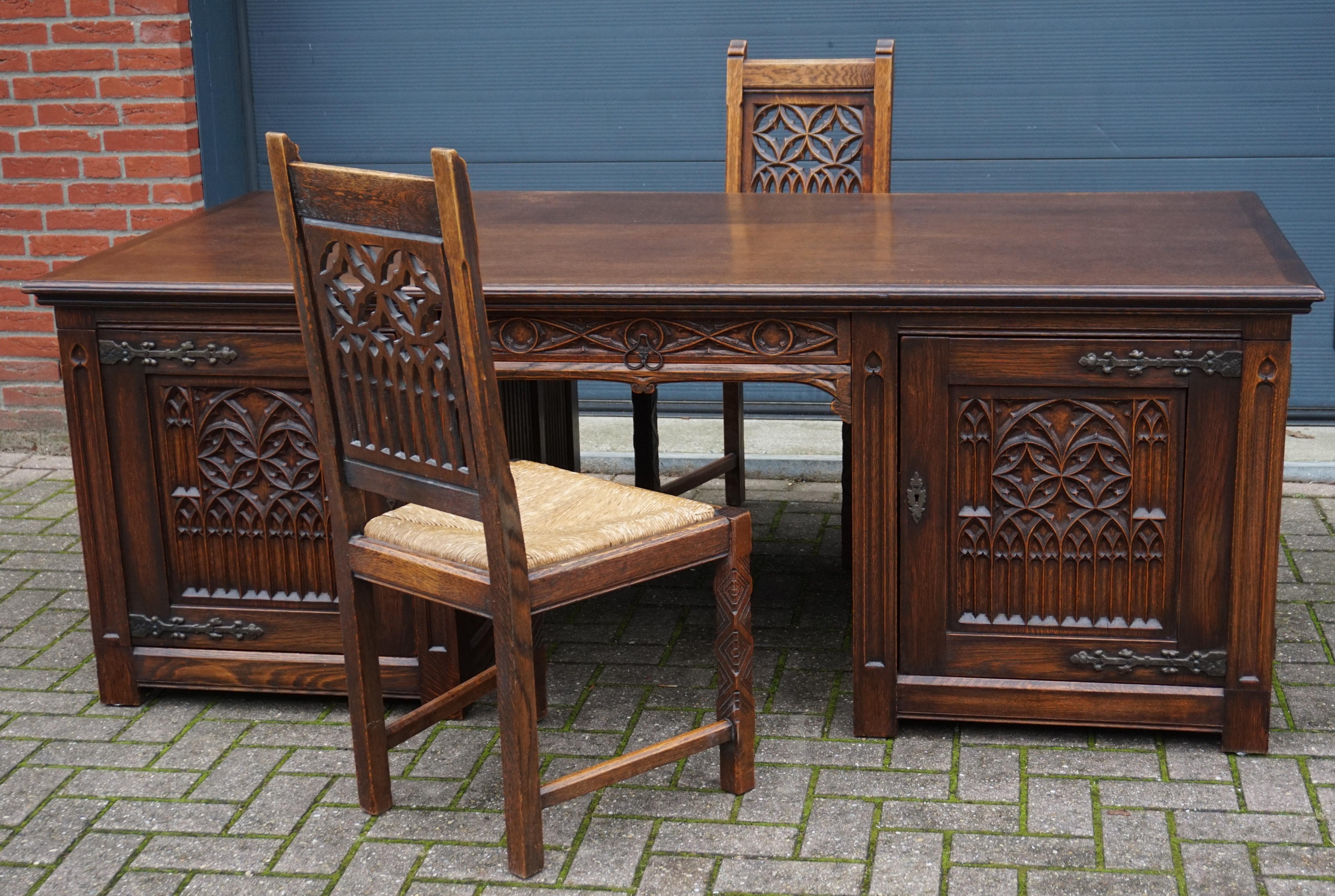 20th Century Large and Rare, Hand Carved Antique Gothic Revival Oak Partners Desk, circa 1920