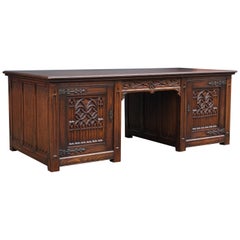 Large and Rare, Hand Carved Antique Gothic Revival Oak Partners Desk, circa 1920