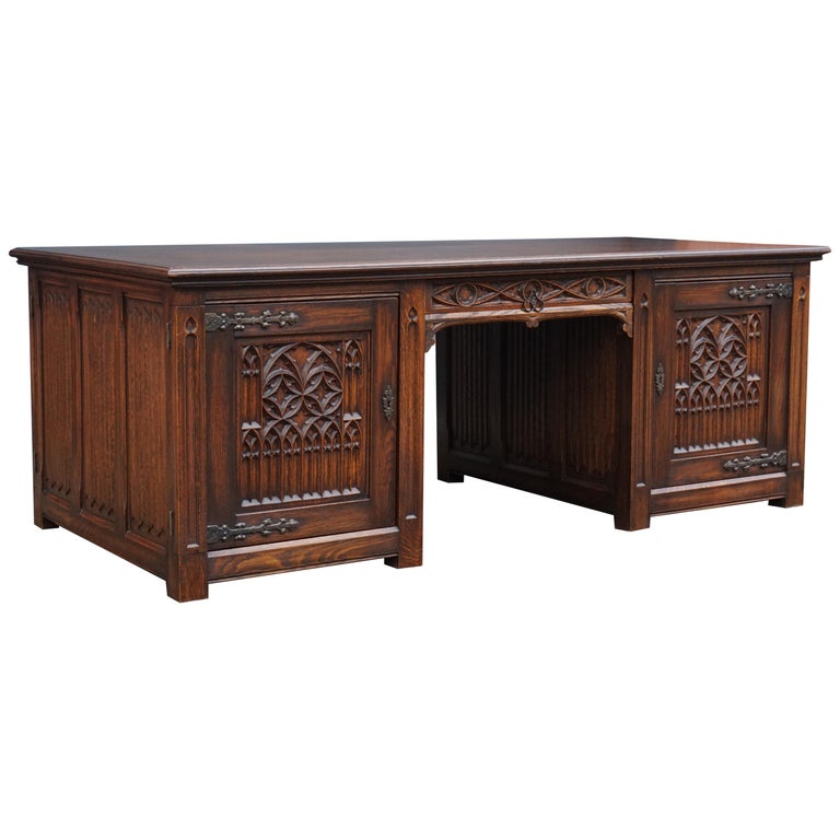 Large and Rare, Hand Carved Antique Gothic Revival Oak Partners Desk, circa 1920 For Sale at 1stDibs