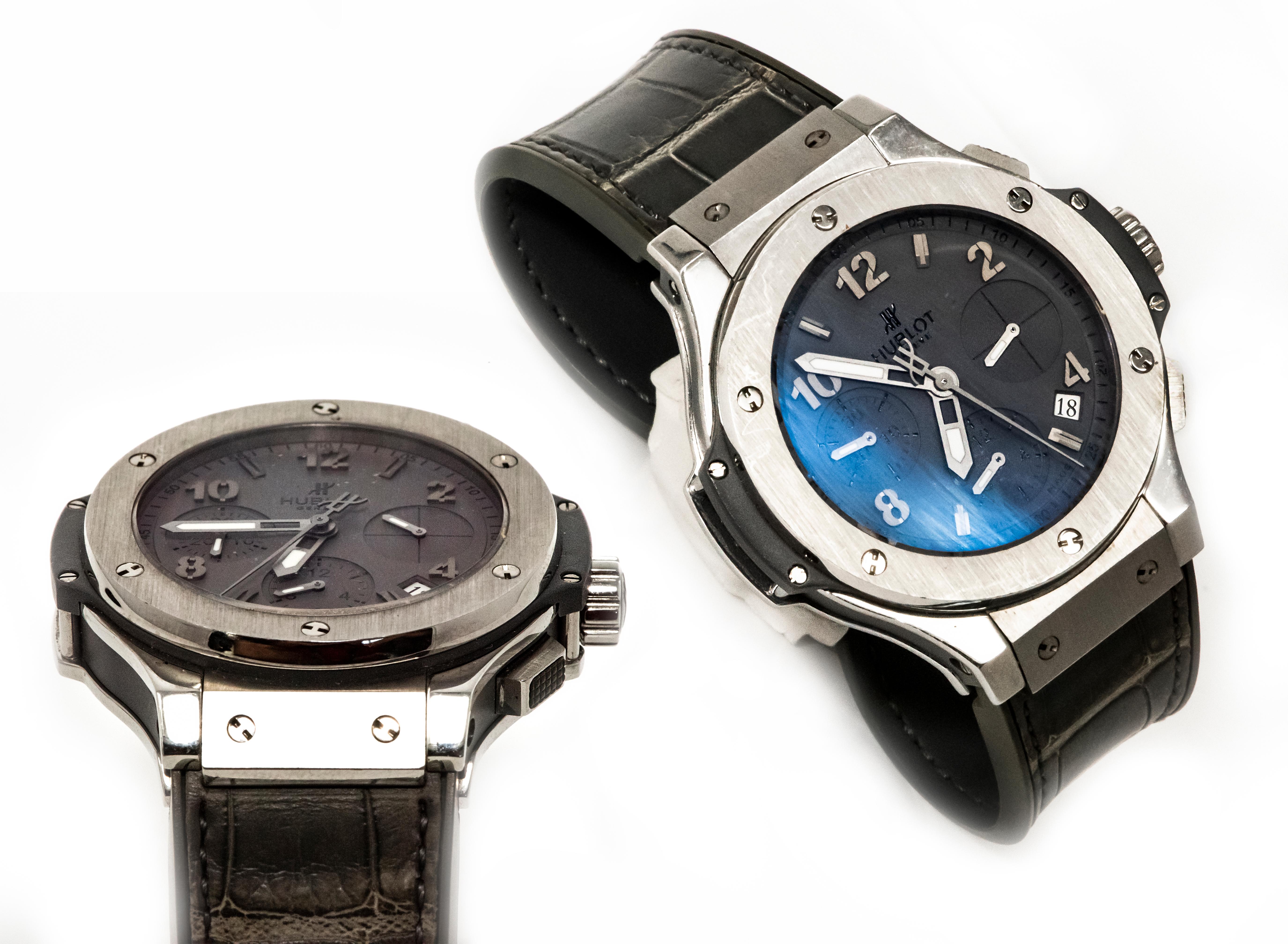 A Gentleman's Stainless Steel Hublot Big bang 'Earl Grey' Chronograph Wristwatch, Circa 2010s, REF. 342.ST.5010.LR 

Timepiece Dimensions: 
41mm x 41mm
12mm thickness

 The present timepiece features a Grey dial with silver batons & Arabic numerals,