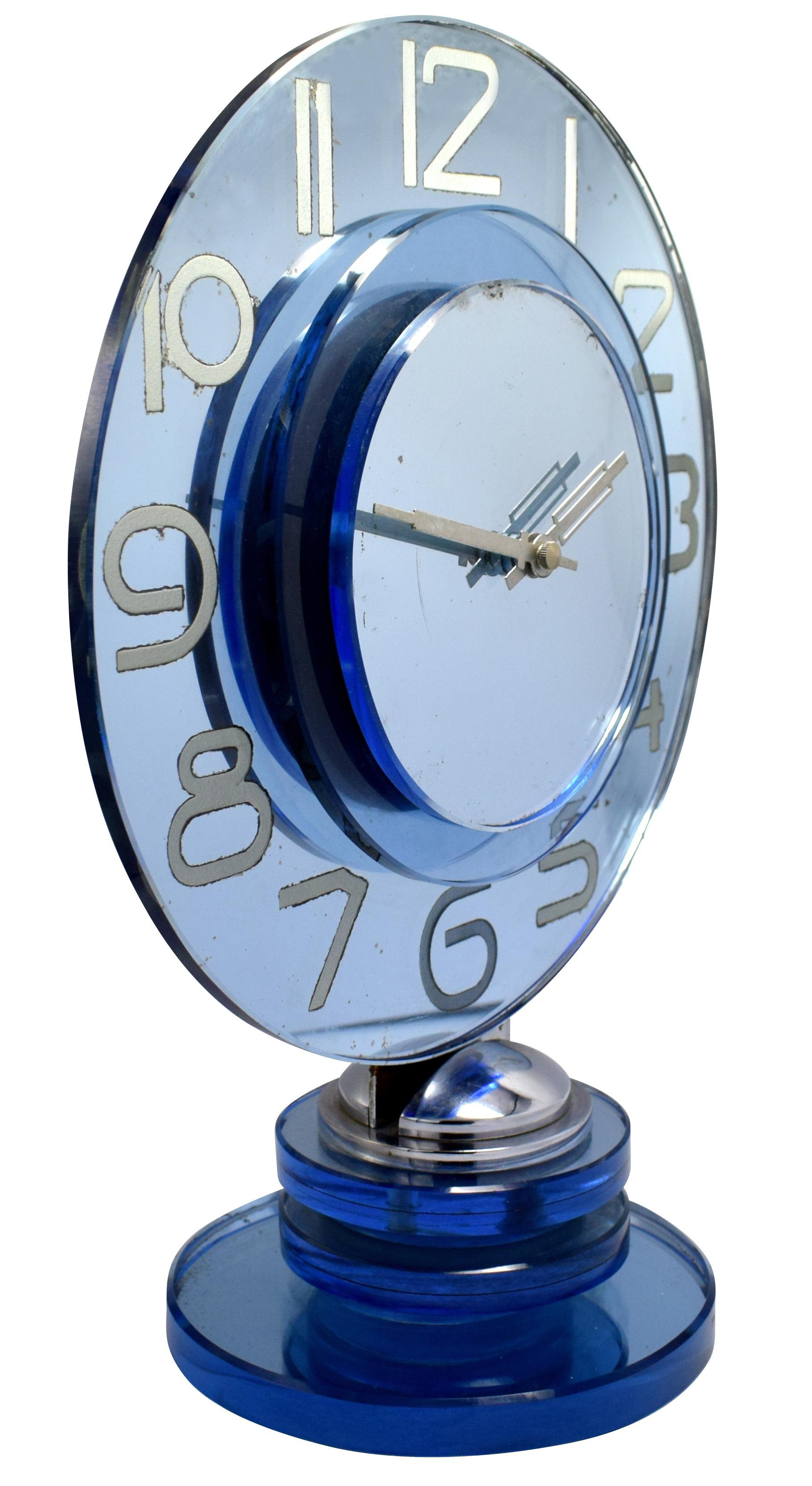 20th Century Large and Rare Model Modernist Art Deco Blue Mirror Clock, circa 1935 For Sale