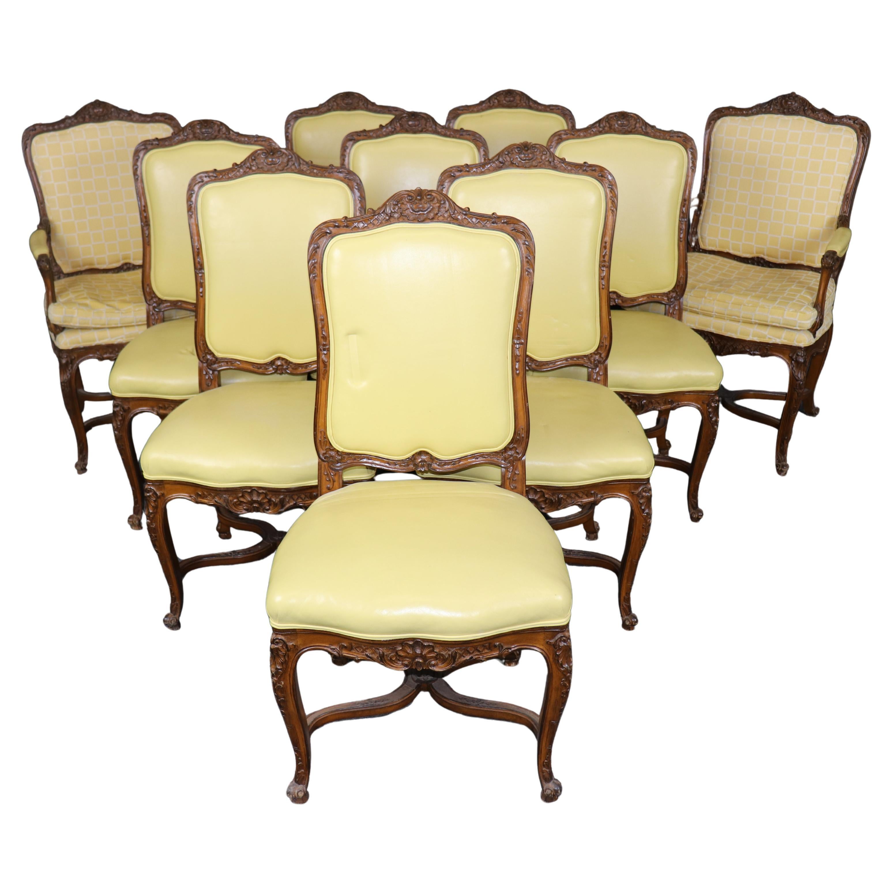 Große und seltene Satz 10 Französisch geschnitzt Nussbaum Louis XV Esszimmerstühle Kunstleder