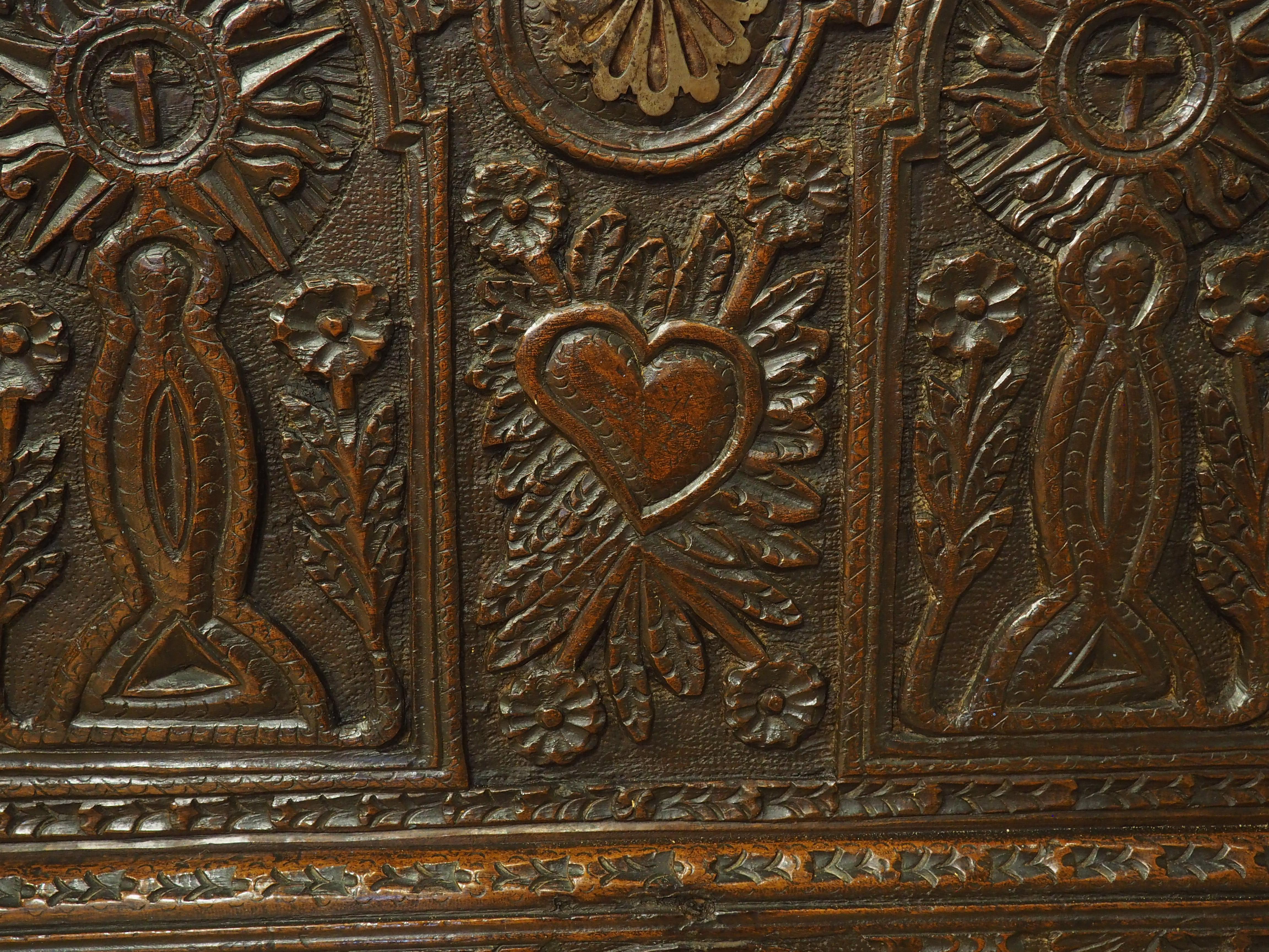 Large and Richly Carved 17th Century Walnut and Oak Trunk from Spain For Sale 3