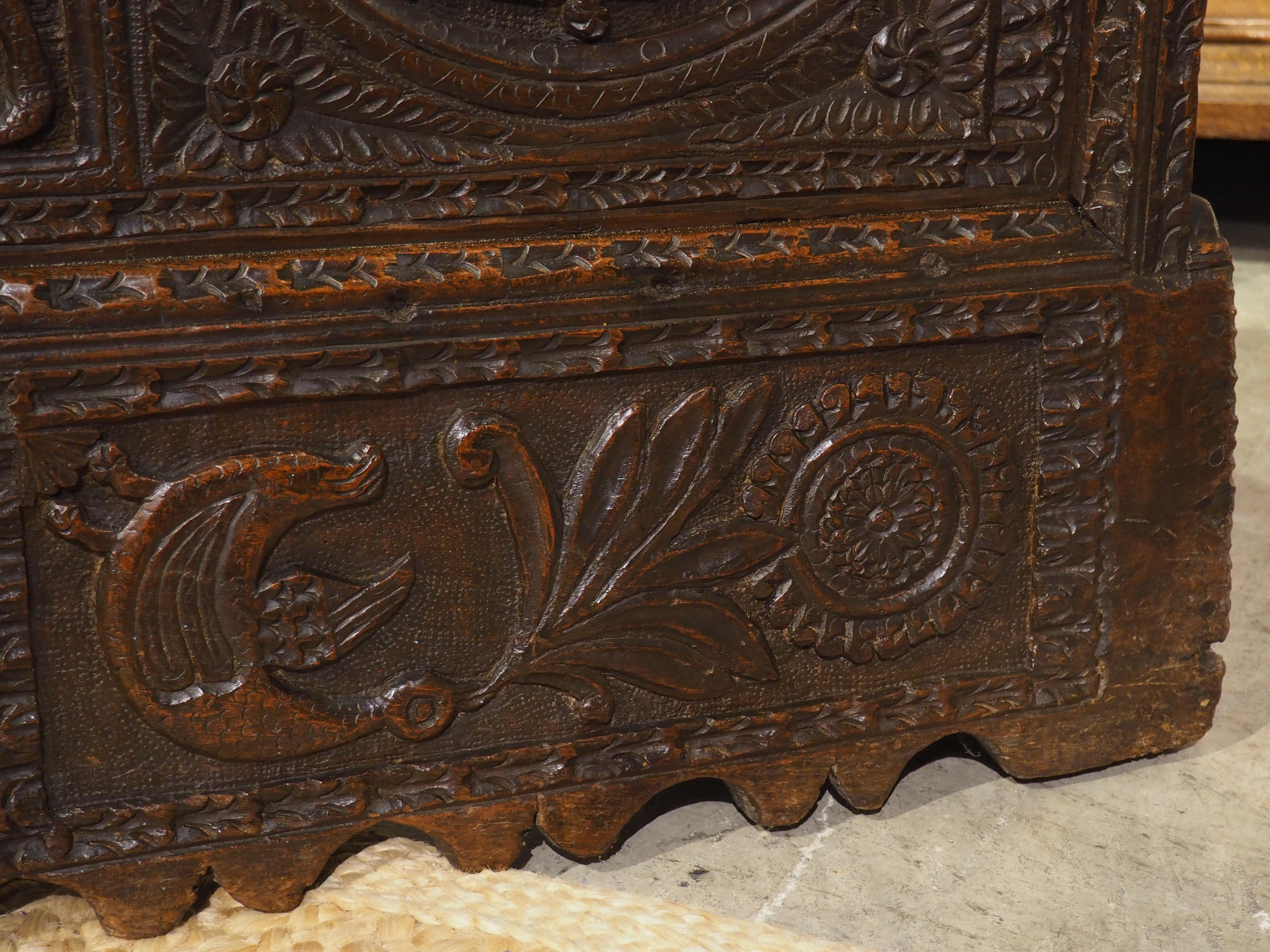 Large and Richly Carved 17th Century Walnut and Oak Trunk from Spain For Sale 4