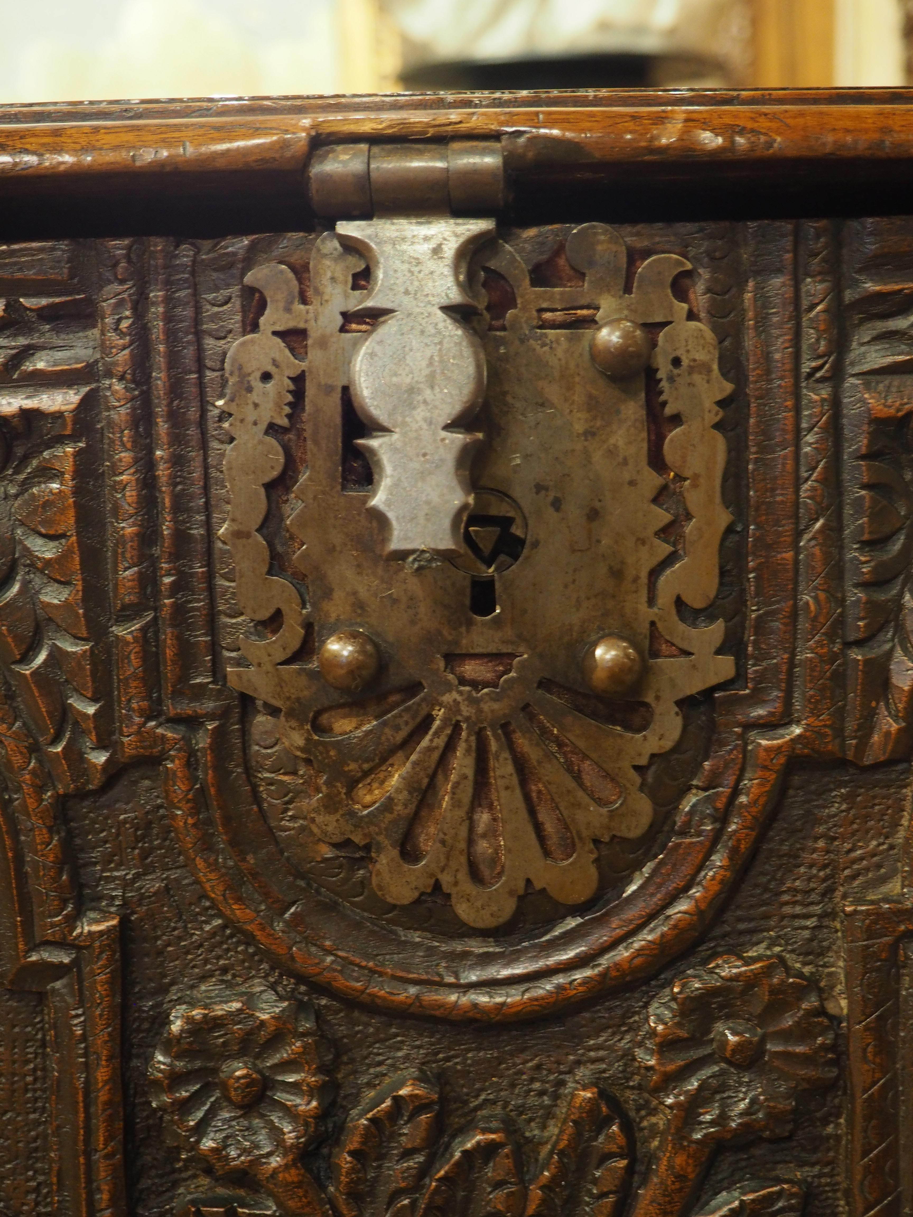 Large and Richly Carved 17th Century Walnut and Oak Trunk from Spain For Sale 6
