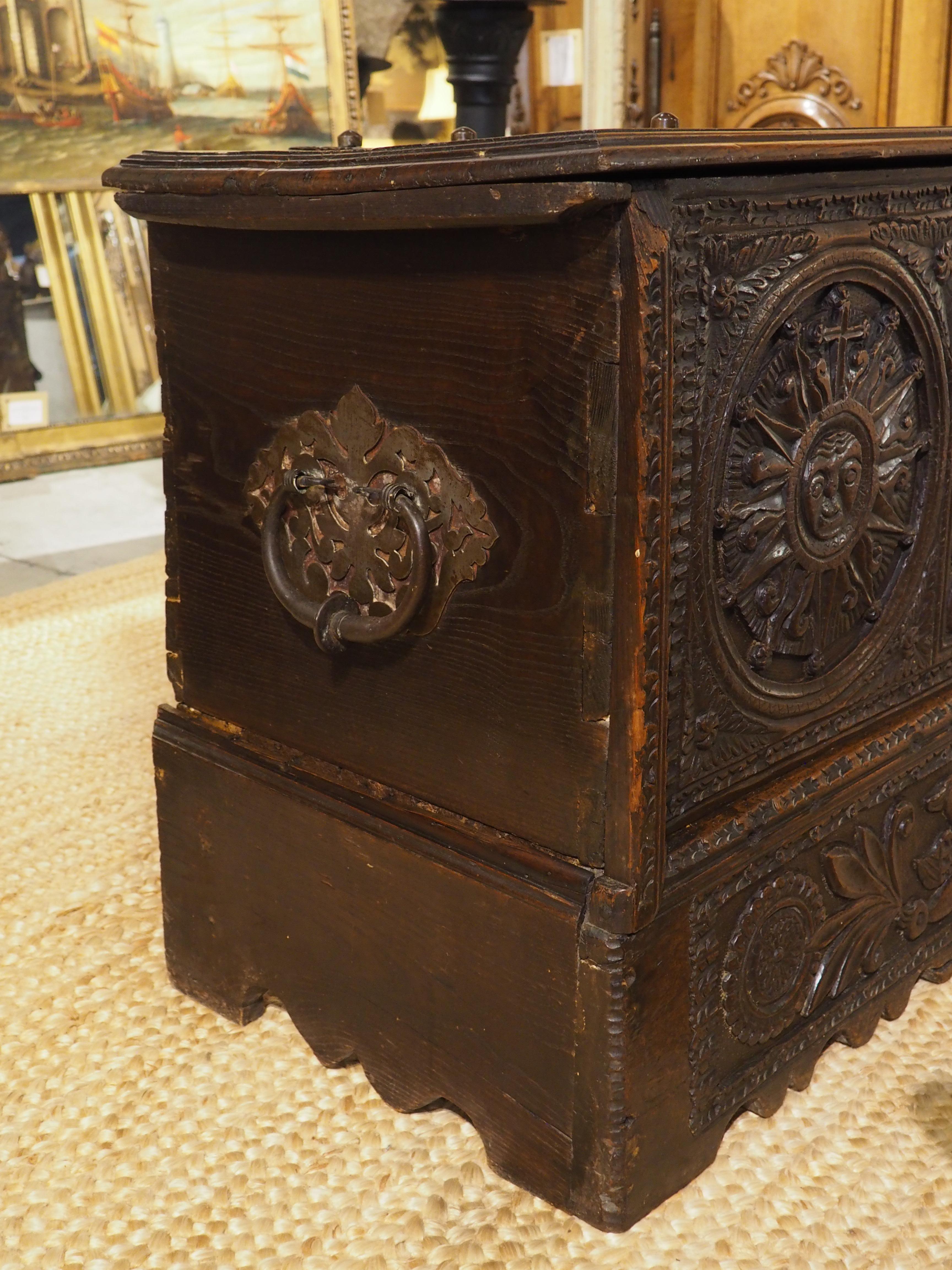 Large and Richly Carved 17th Century Walnut and Oak Trunk from Spain For Sale 8