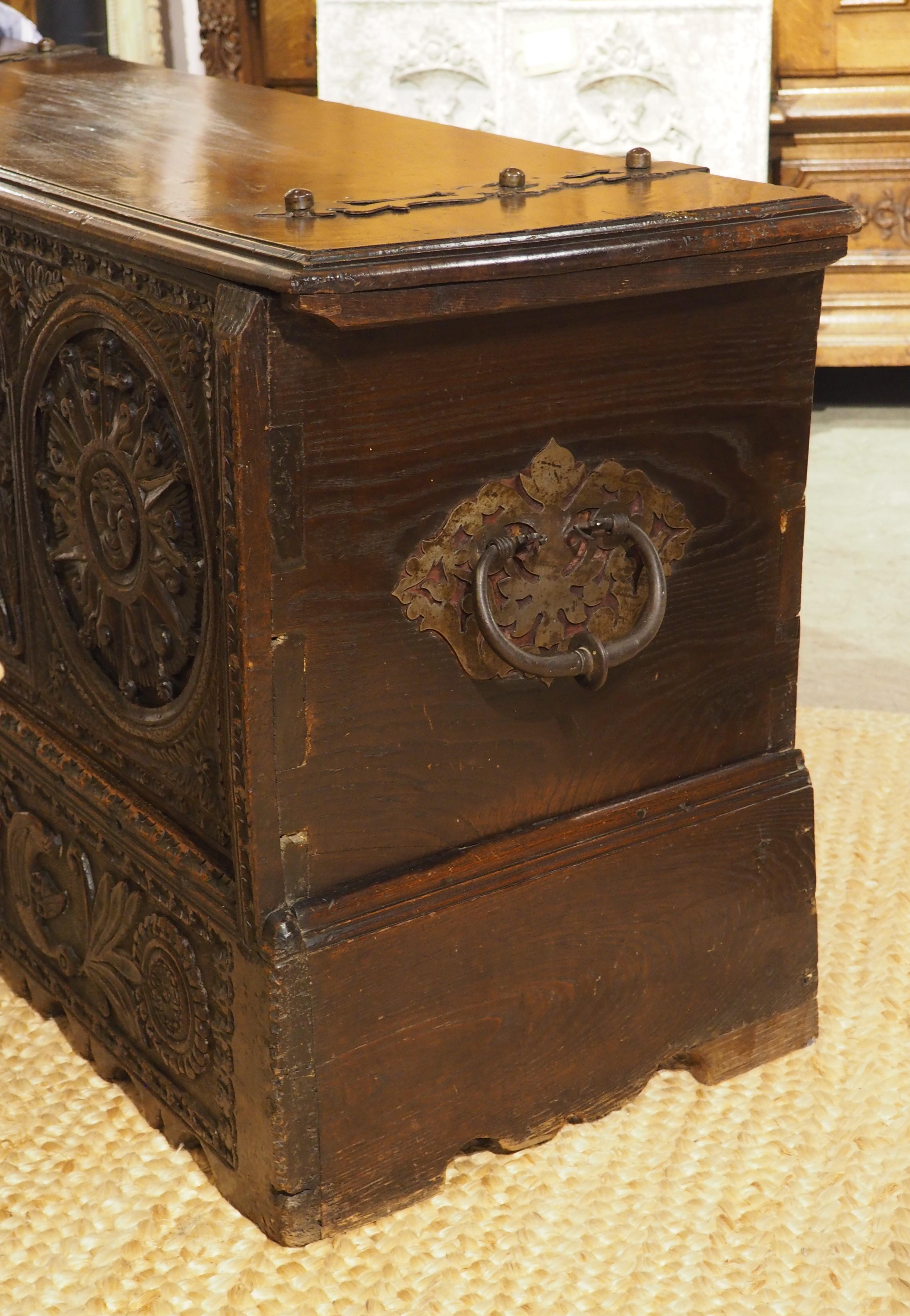 Large and Richly Carved 17th Century Walnut and Oak Trunk from Spain For Sale 11