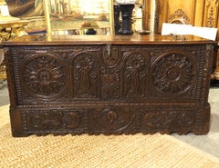 Large and Richly Carved 17th Century Walnut and Oak Trunk from Spain
