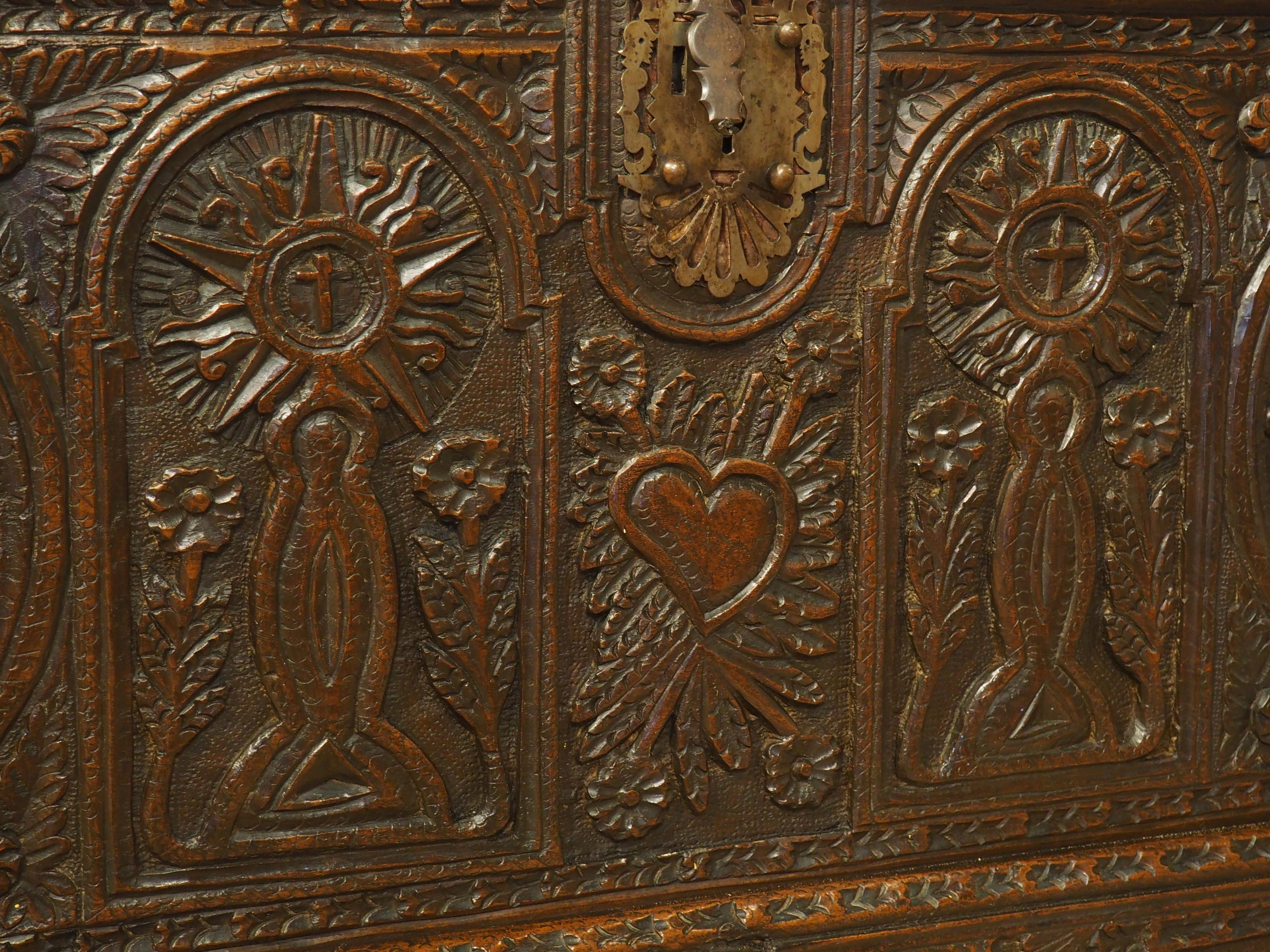 Large and Richly Carved 17th Century Walnut and Oak Trunk from Spain For Sale 1