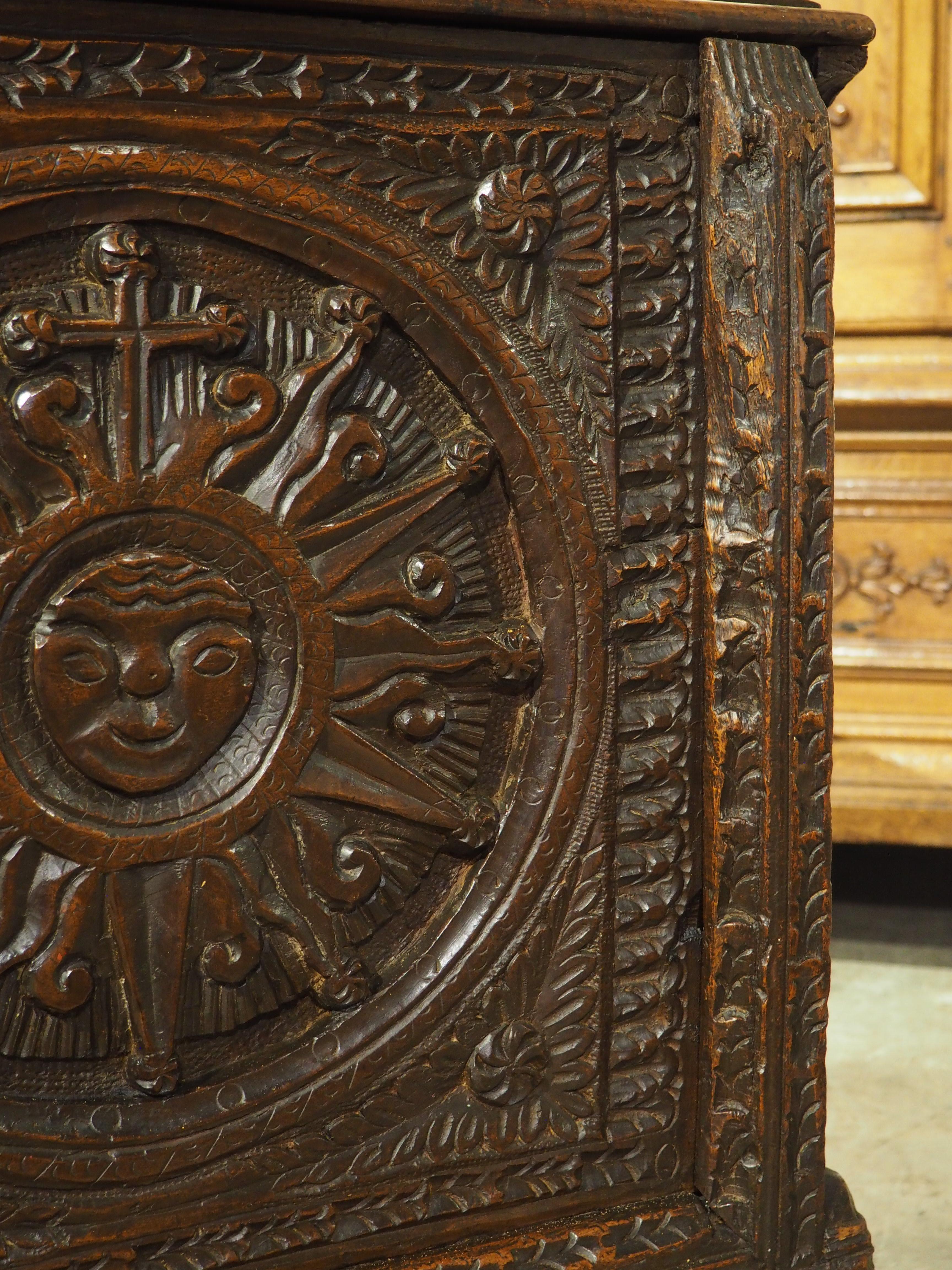 Large and Richly Carved 17th Century Walnut and Oak Trunk from Spain For Sale 2
