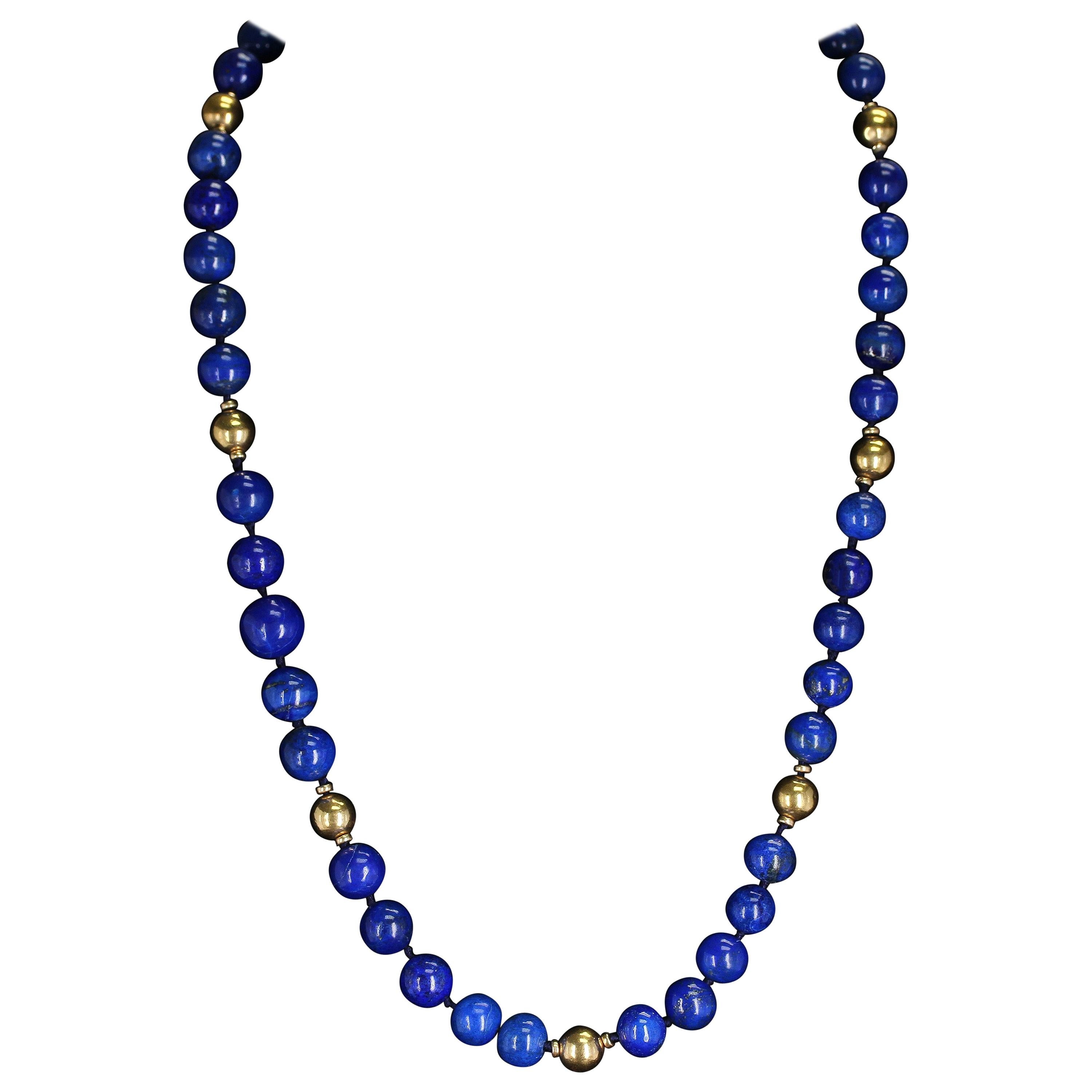 Large and Round Lapis Lazuli Beads and Gold Beads Necklace
