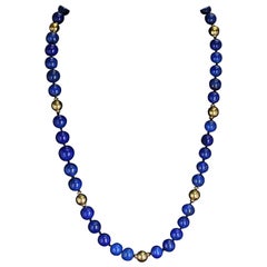 Large and Round Lapis Lazuli Beads and Gold Beads Necklace