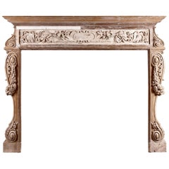 Large and Rustic Antique Wood Fireplace with Carved Fruit and Foliage