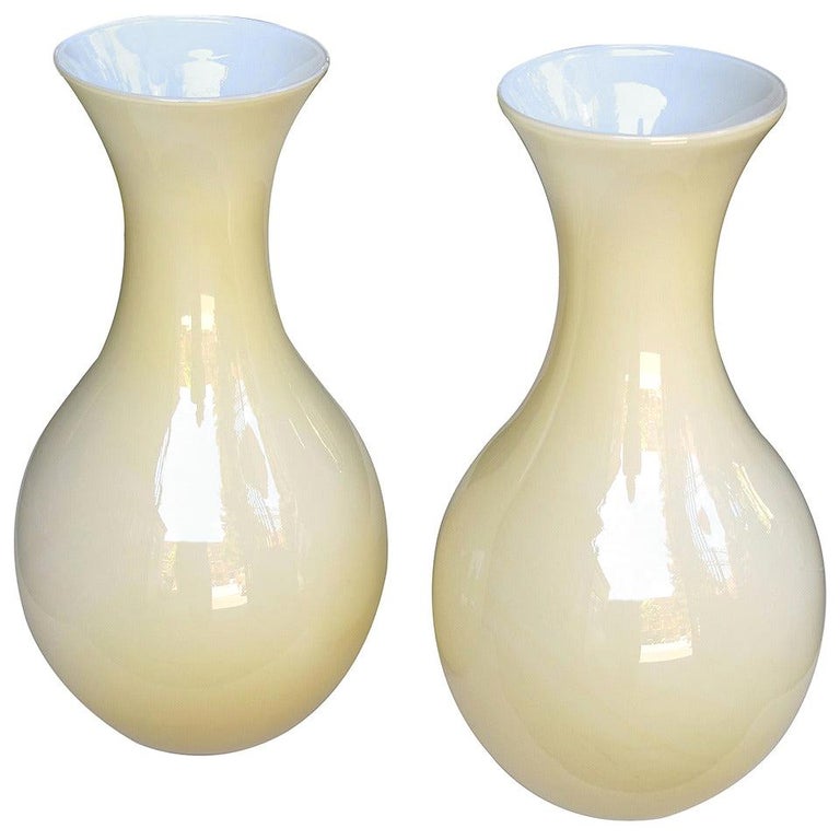 Large and Shapely Pair of Murano Butter-Cream Cased Glass Vases For Sale