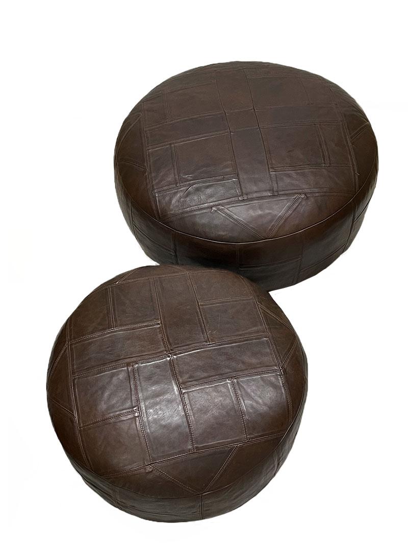 20th Century Large and Small Brown Leather Poufs, 1970s For Sale