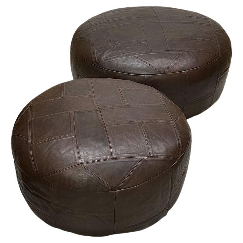 Large and Small Brown Leather Poufs, 1970s For Sale