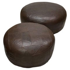 Used Large and Small Brown Leather Poufs, 1970s