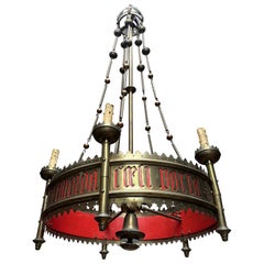 Large and Striking Antique Bronze & Brass Gothic Revival Torches Chandelier