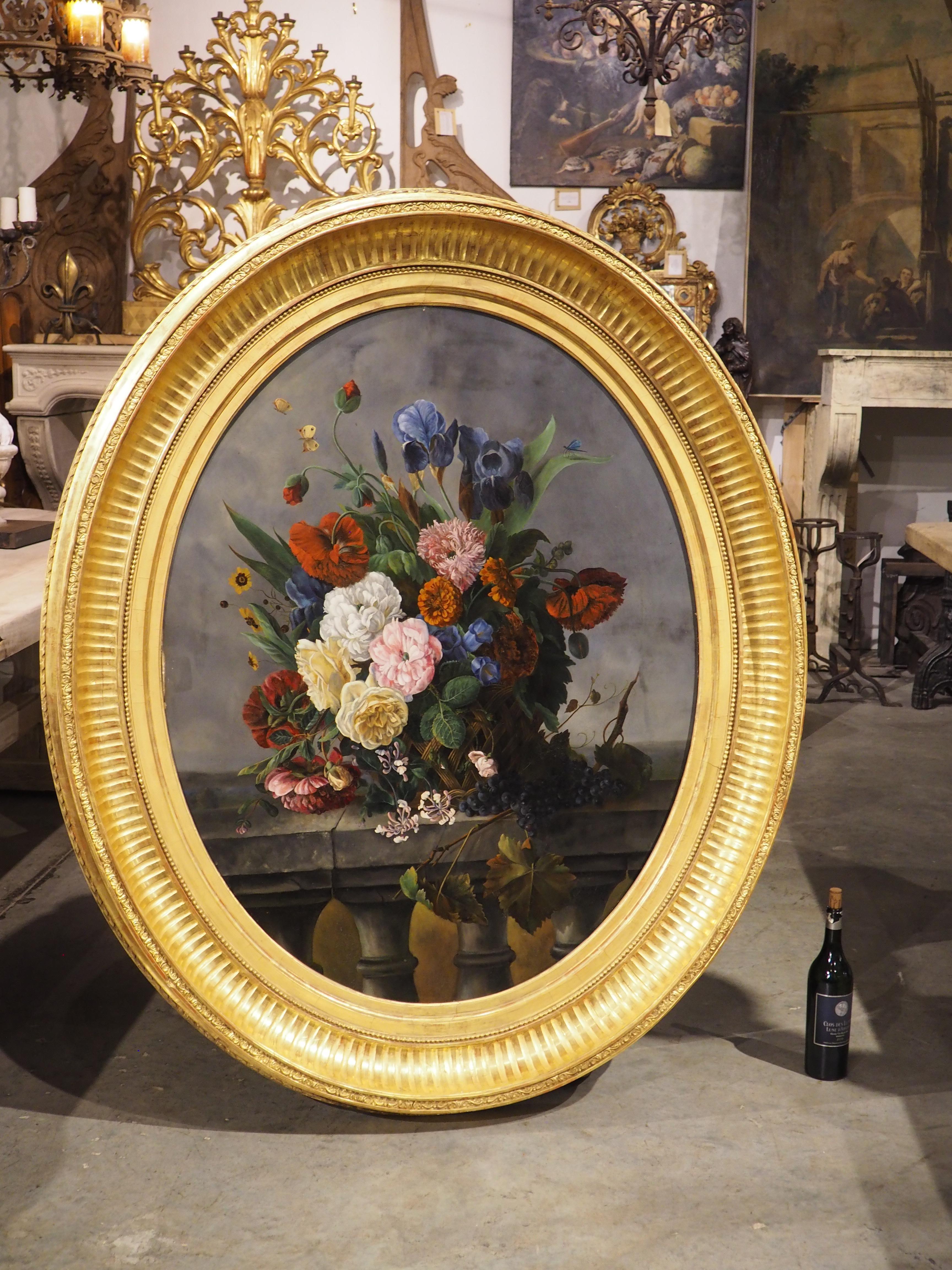 Grande y llamativo óleo ovalado francés antiguo Nature Morte Floral, c. 1850 en venta 7