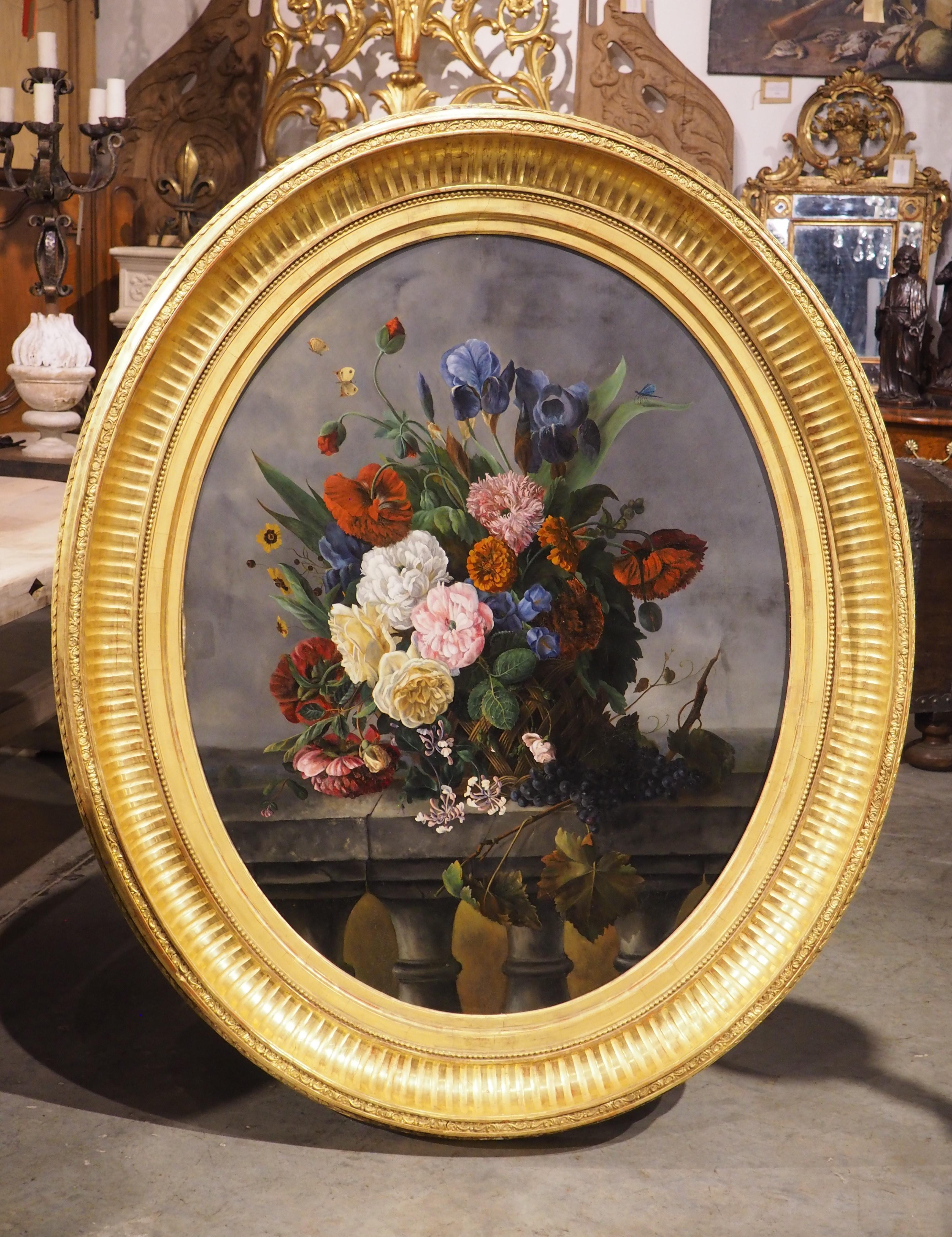 Grande y llamativo óleo ovalado francés antiguo Nature Morte Floral, c. 1850 en venta 8