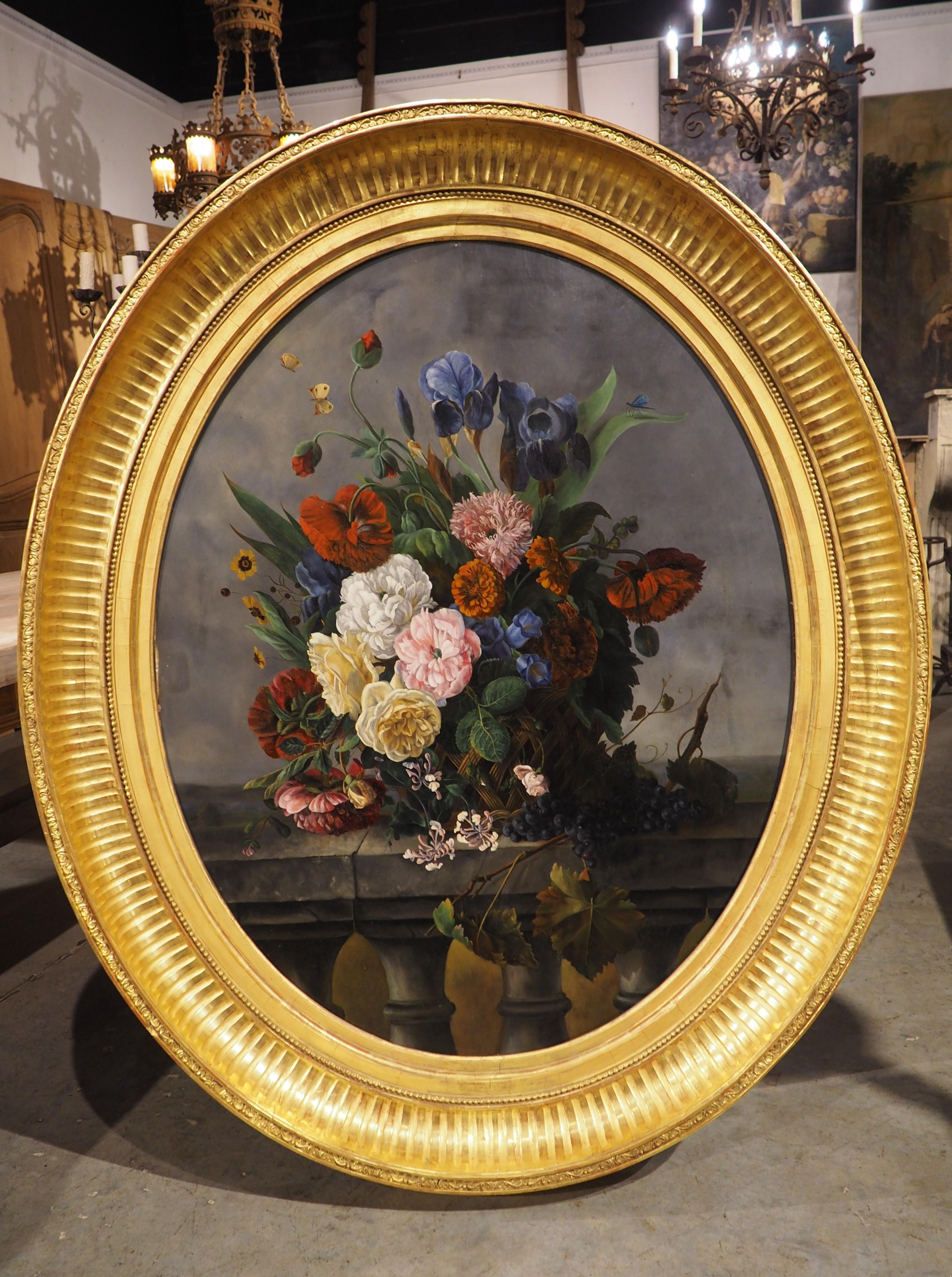 Grande y llamativo óleo ovalado francés antiguo Nature Morte Floral, c. 1850 en venta 13