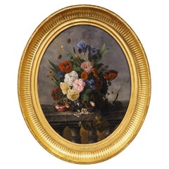 Grande et étonnante peinture à l'huile française ovale Nature Morte Floral, C.I.C. 1850