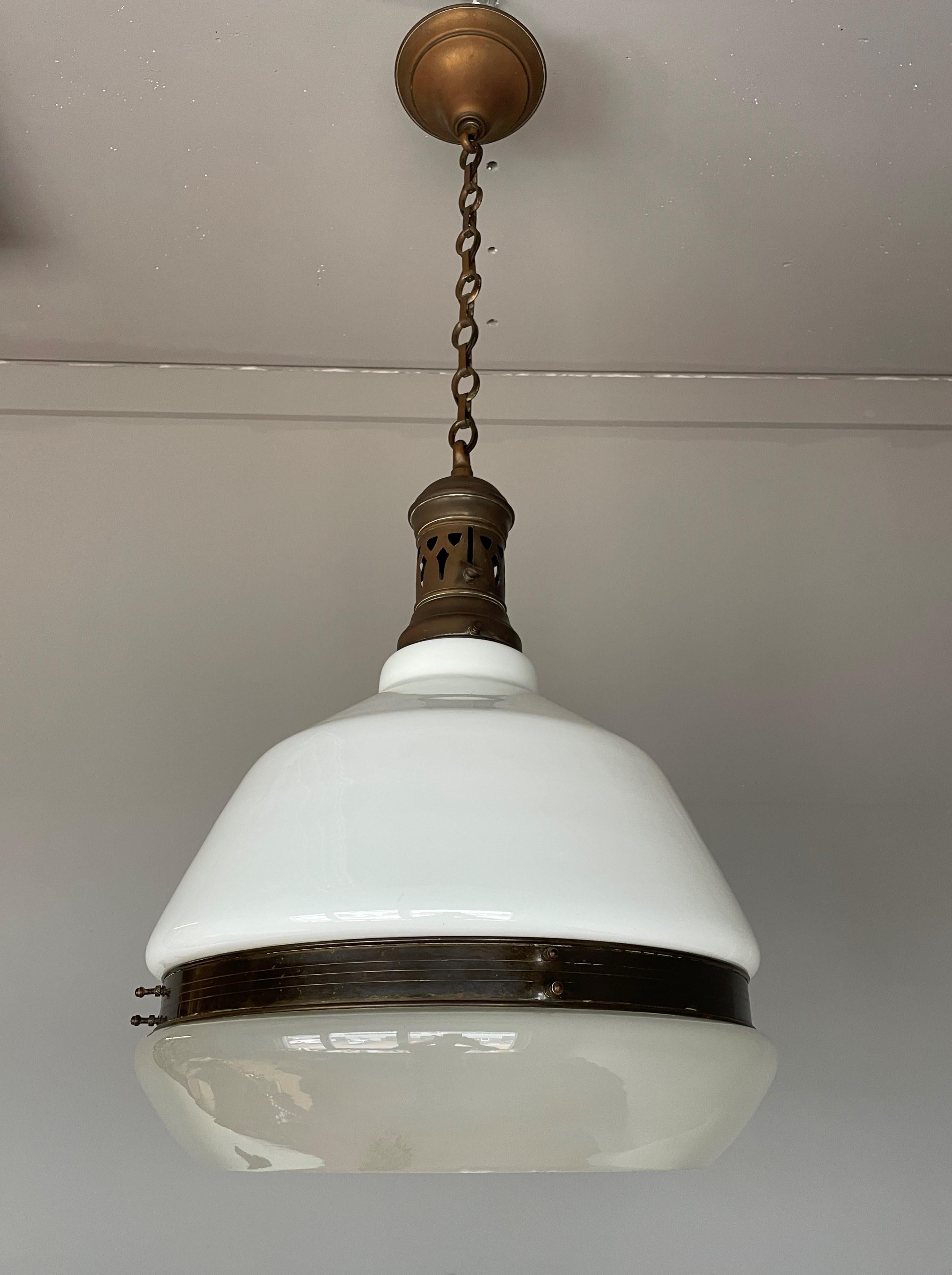 Large and Striking Arts & Crafts Opaline Glass and Brass Bauhaus Style Pendant In Good Condition For Sale In Lisse, NL