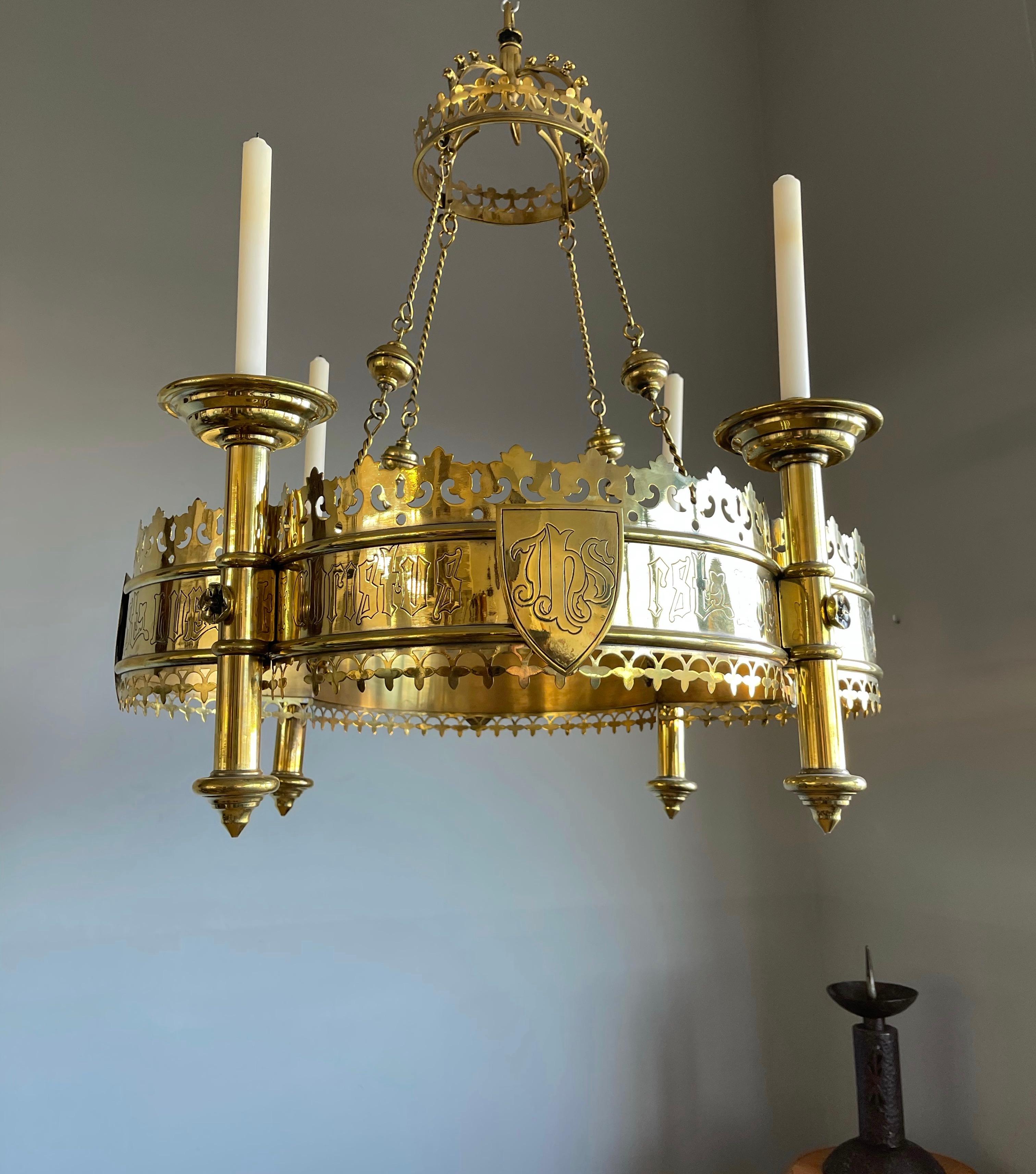 Large and Striking Bronze & Brass Gothic Revival Advent Wreath Candle Chandelier For Sale 6