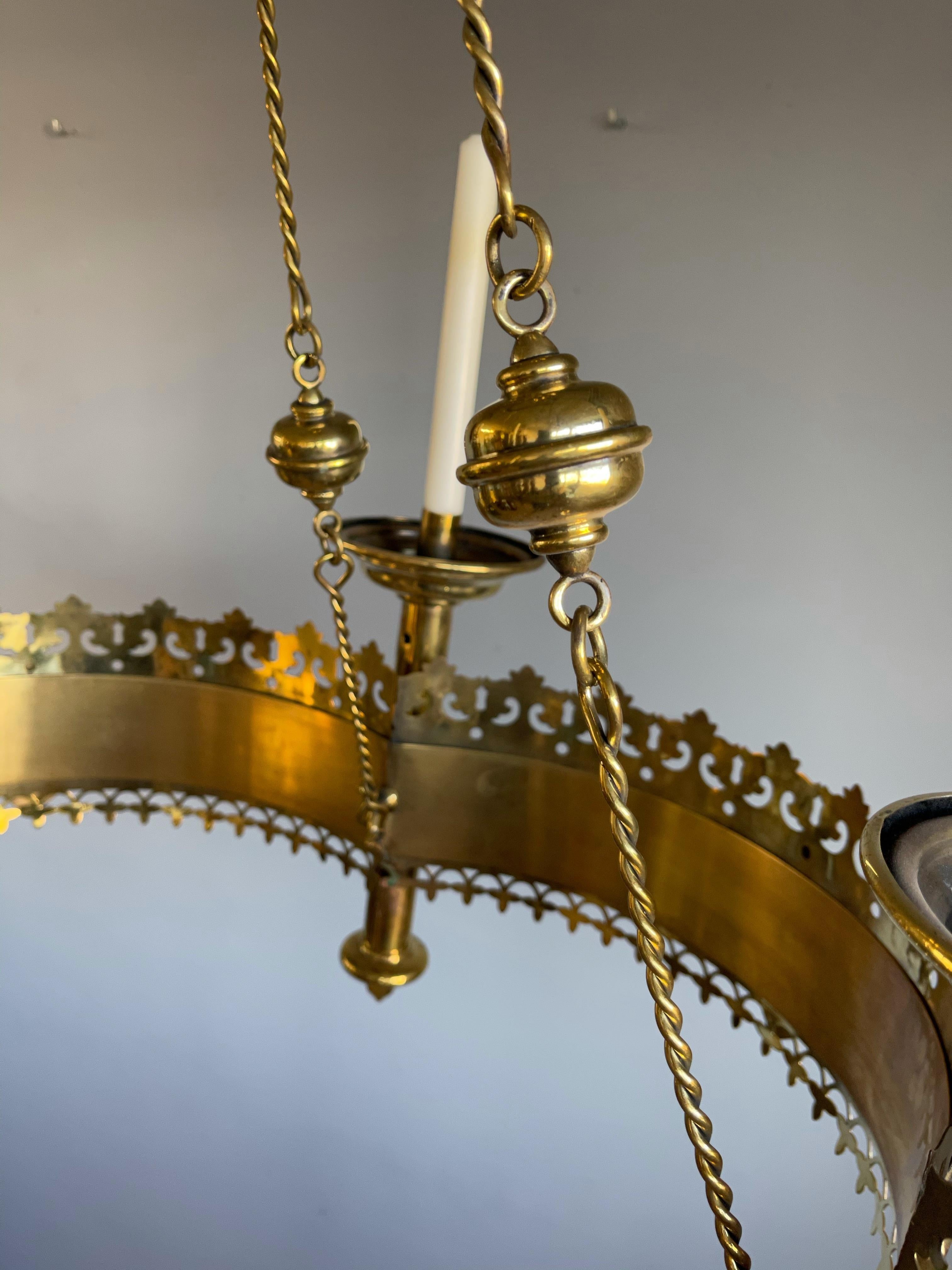 Huge & Striking Bronze & Brass Gothic Revival Advent Wreath Chandelier Pendant L 7