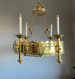 Huge & Striking Bronze & Brass Gothic Revival Advent Wreath Chandelier Pendant L