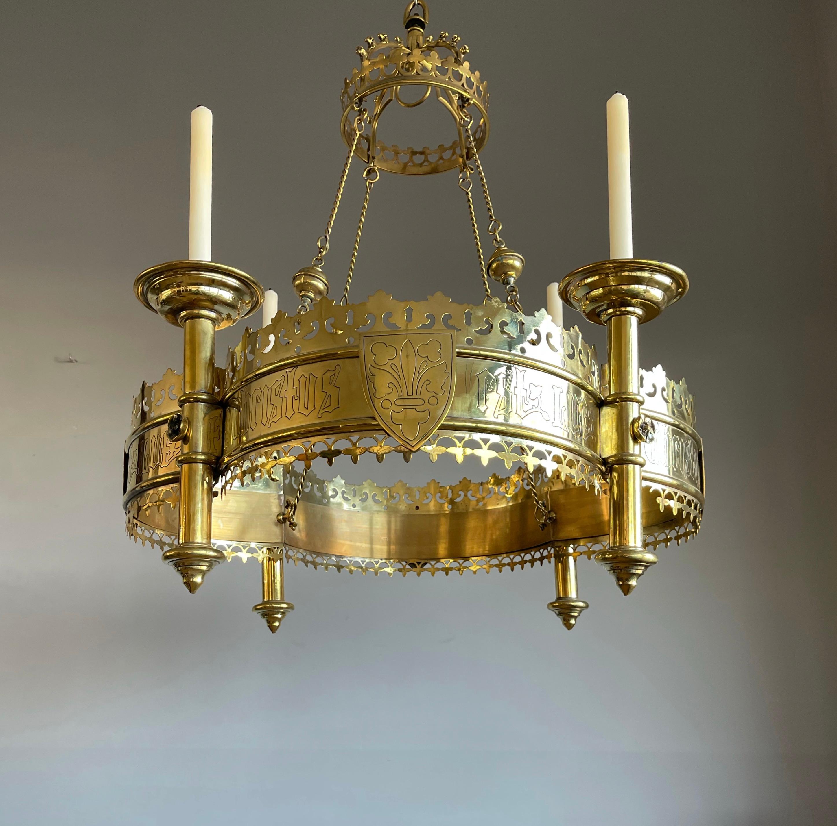 Large and Striking Bronze & Brass Gothic Revival Advent Wreath Candle Chandelier For Sale 11