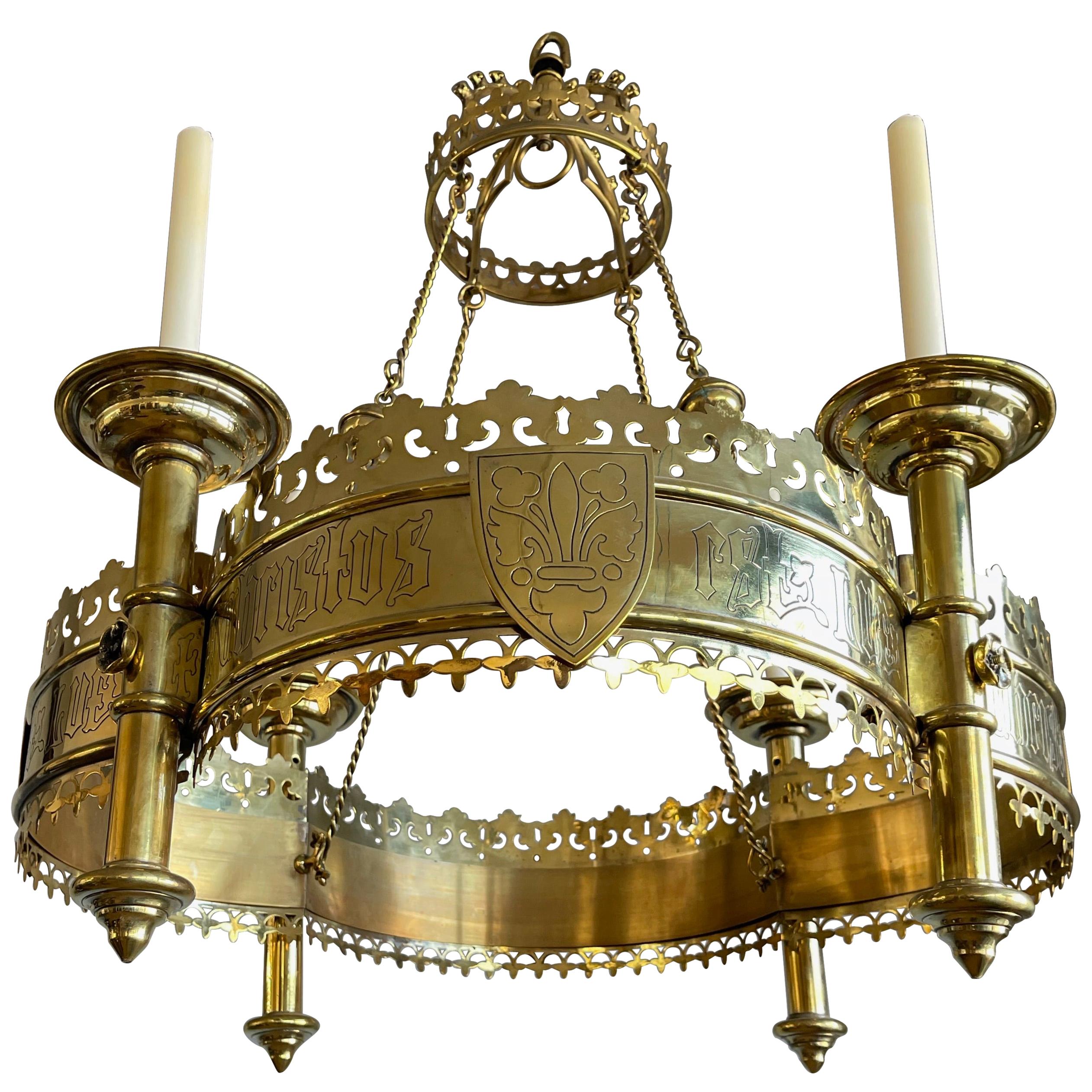 Large and Striking Bronze & Brass Gothic Revival Advent Wreath Candle Chandelier