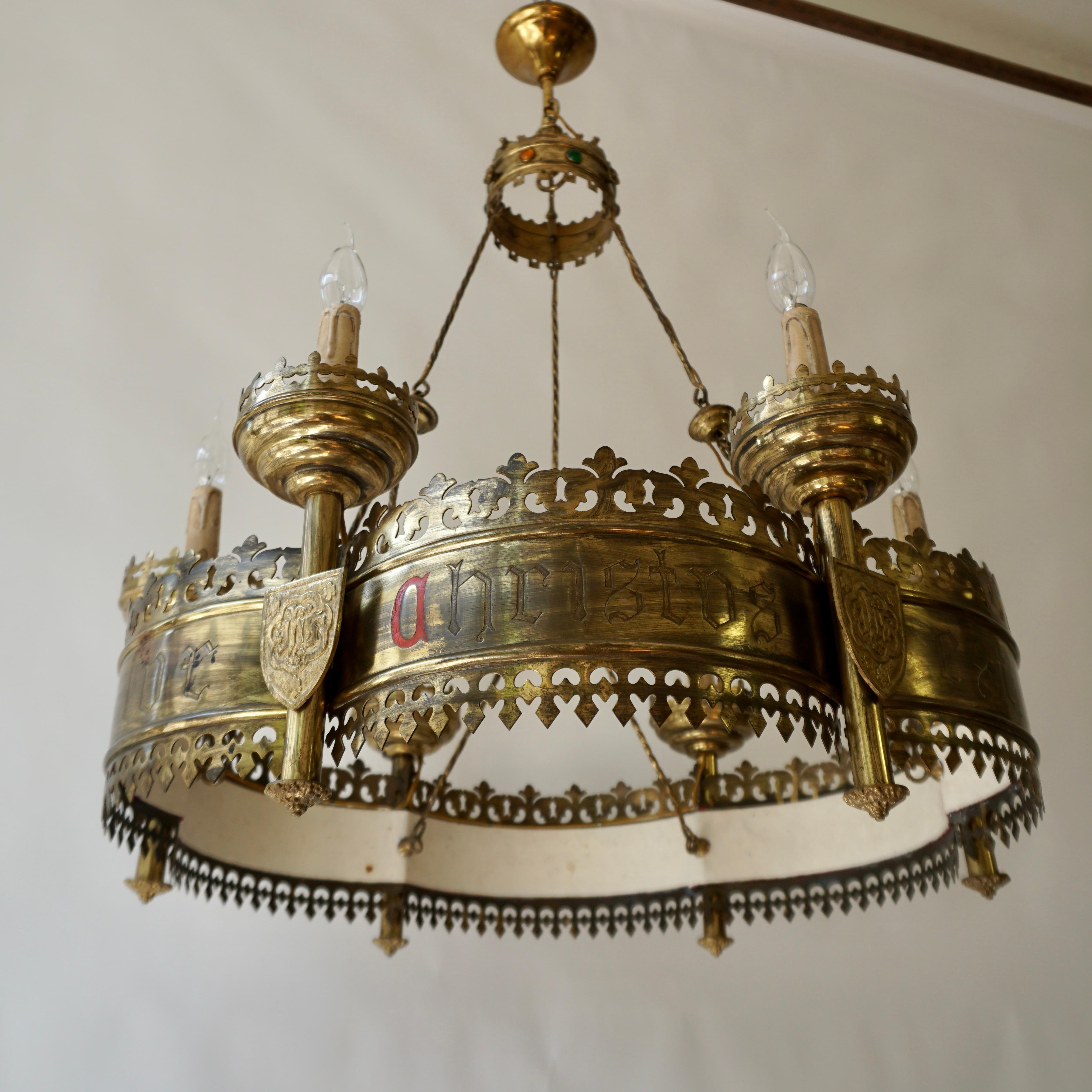 French Large and Striking Bronze & Brass Gothic Revival Advent Wreath Chandelier For Sale