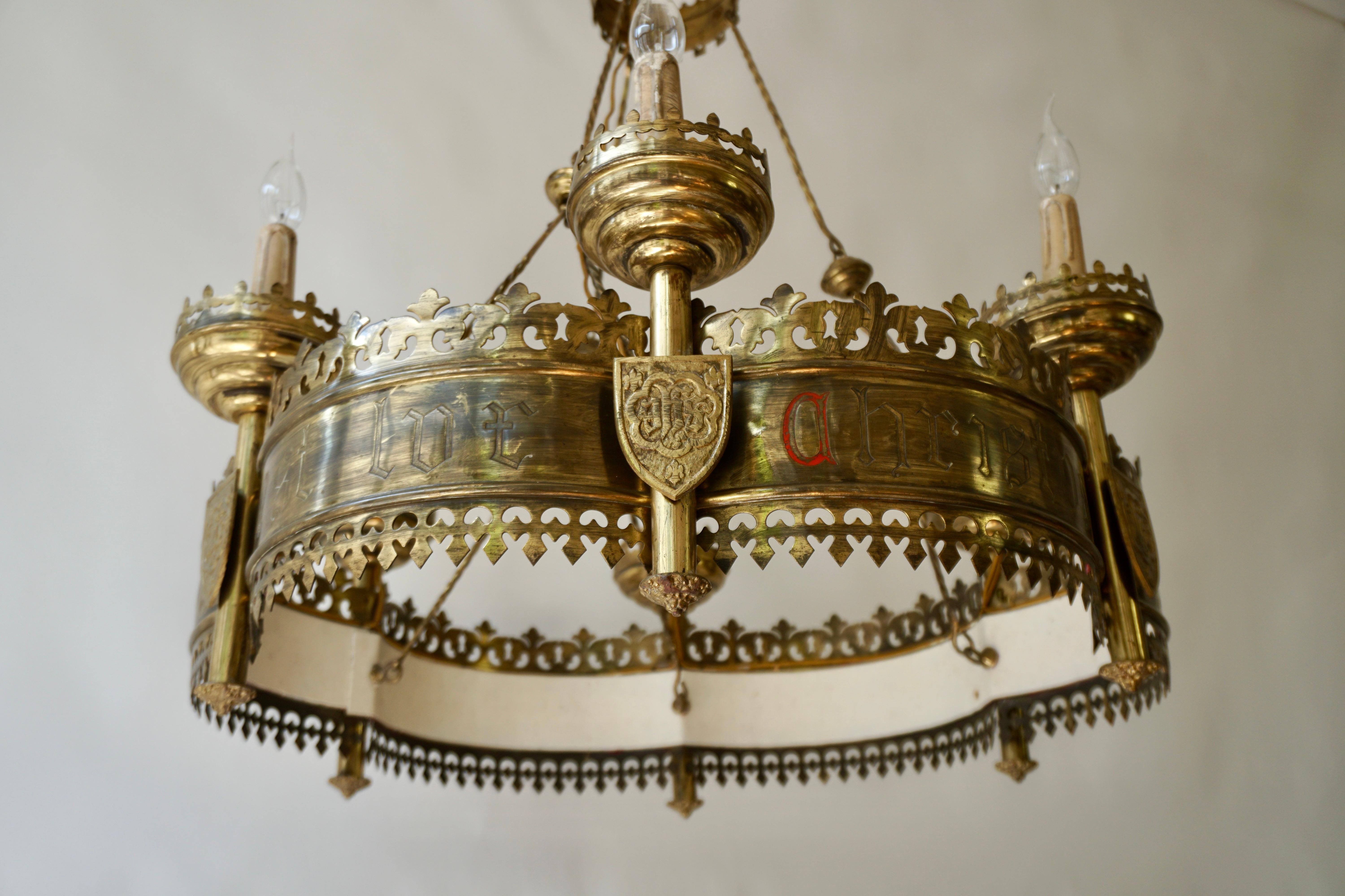 Polished Large and Striking Bronze & Brass Gothic Revival Advent Wreath Chandelier For Sale